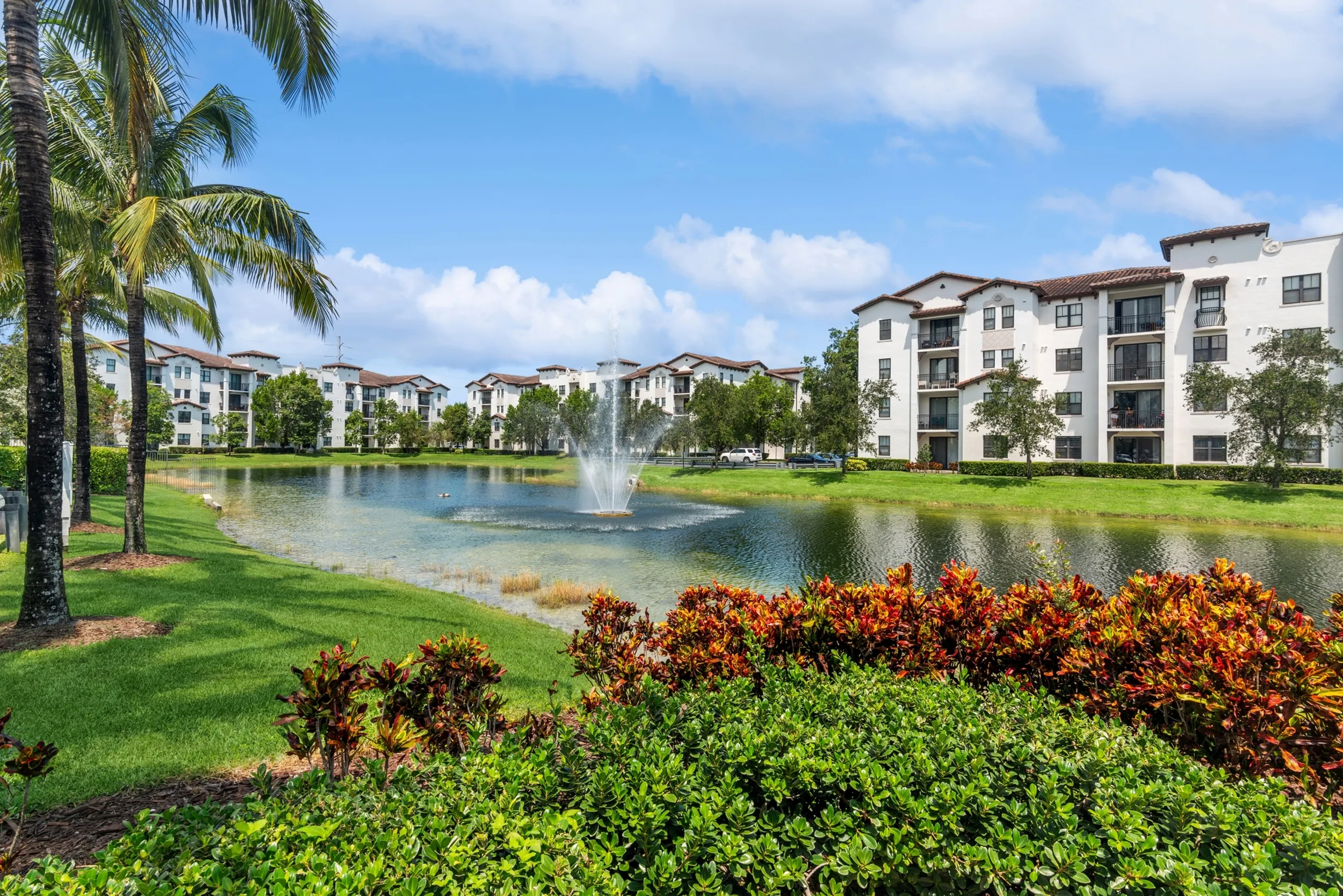Scenic lake with fountain