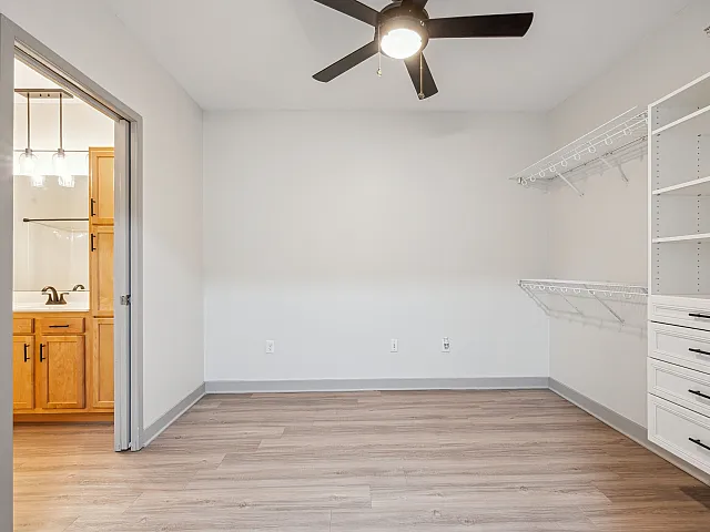 Bright and modern bedroom featuring sleek laminate flooring, a ceiling fan, and generous closet storage with built-in shelving.