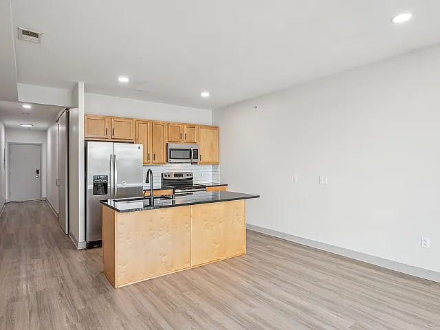 Bright, modern kitchen with sleek appliances, stylish wooden cabinets, and a spacious island, perfect for entertaining.