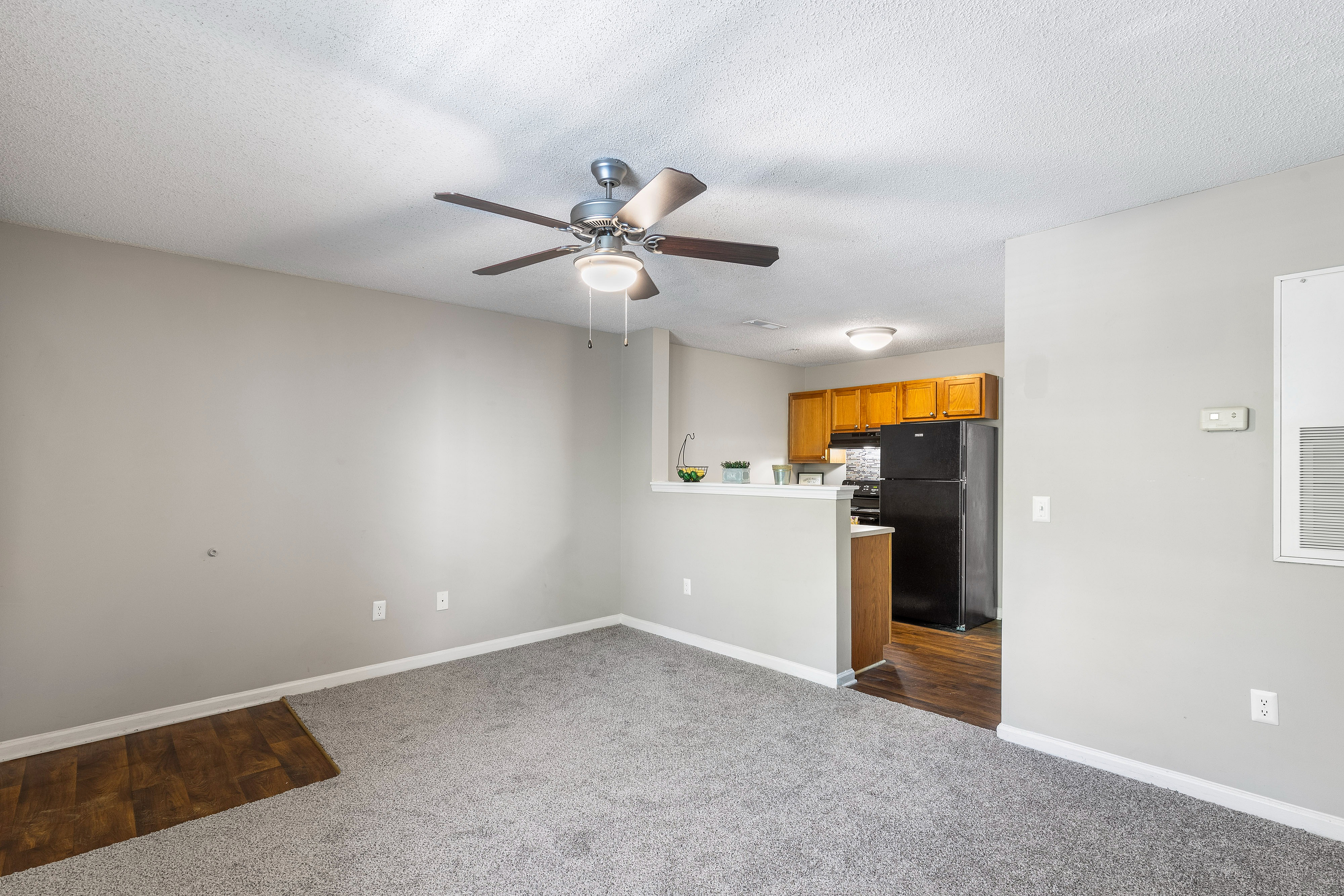 Modern open-concept living space with a cozy carpeted area, elegant ceiling fan, and functional kitchen featuring warm wooden cabinets.