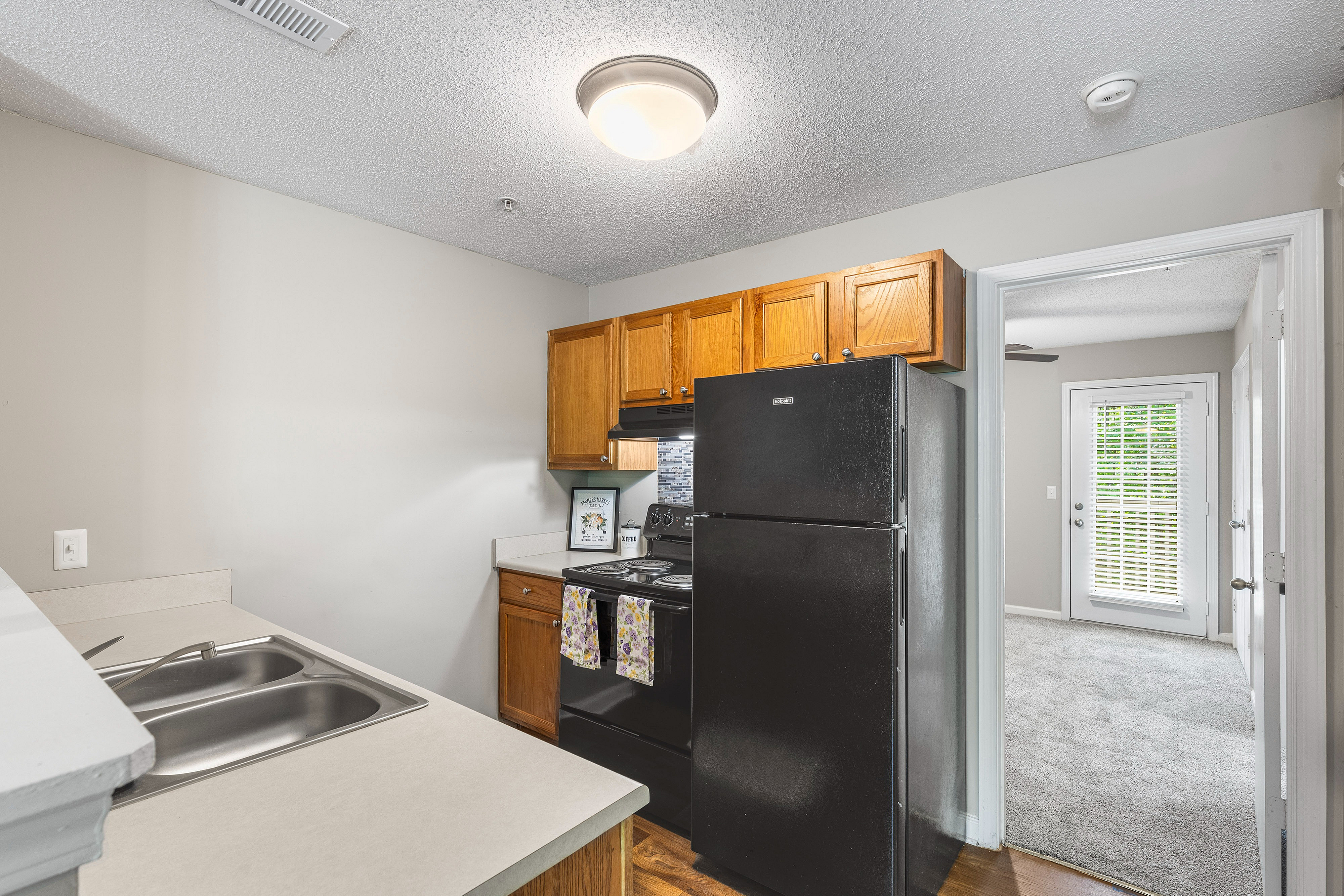 Charming kitchen in bright apartment featuring sleek black appliances, wooden cabinetry, and a cozy open layout leading to a sunlit living area.