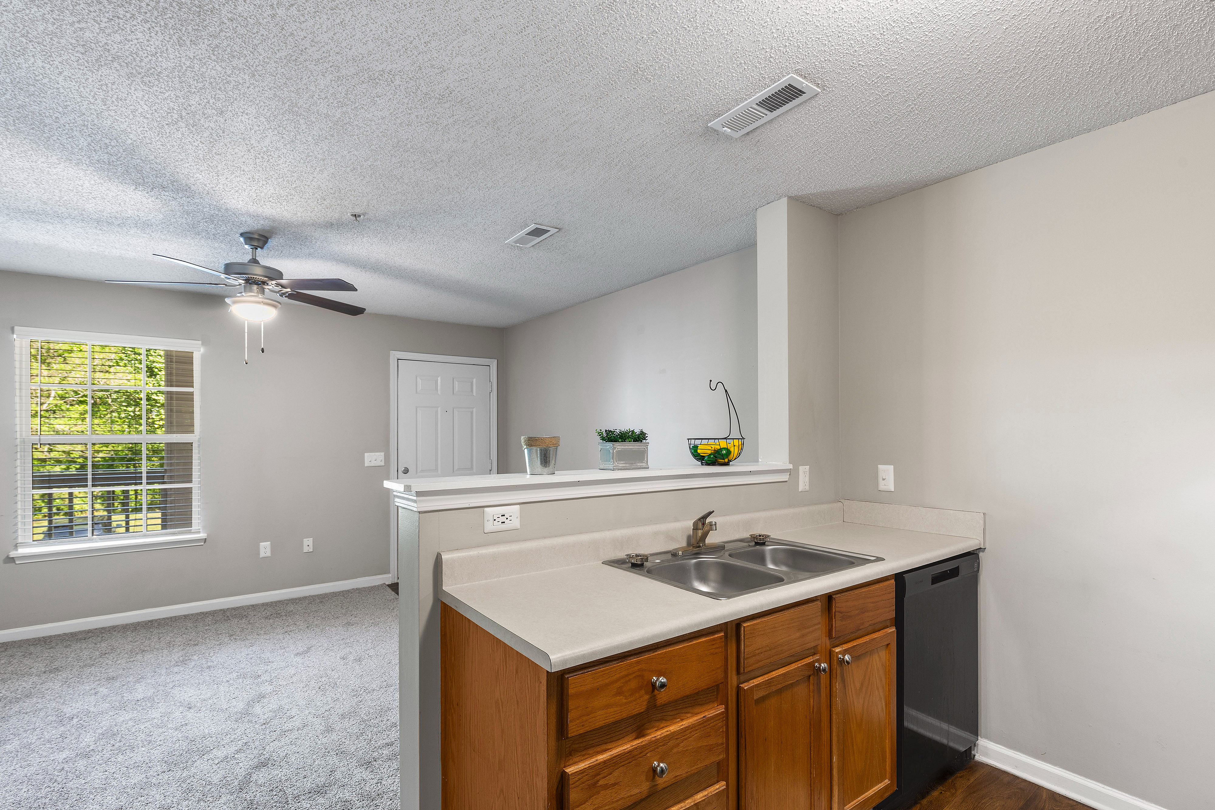 Bright open-concept kitchen with dual sinks, wooden cabinetry, and a spacious living area with a ceiling fan and large window.