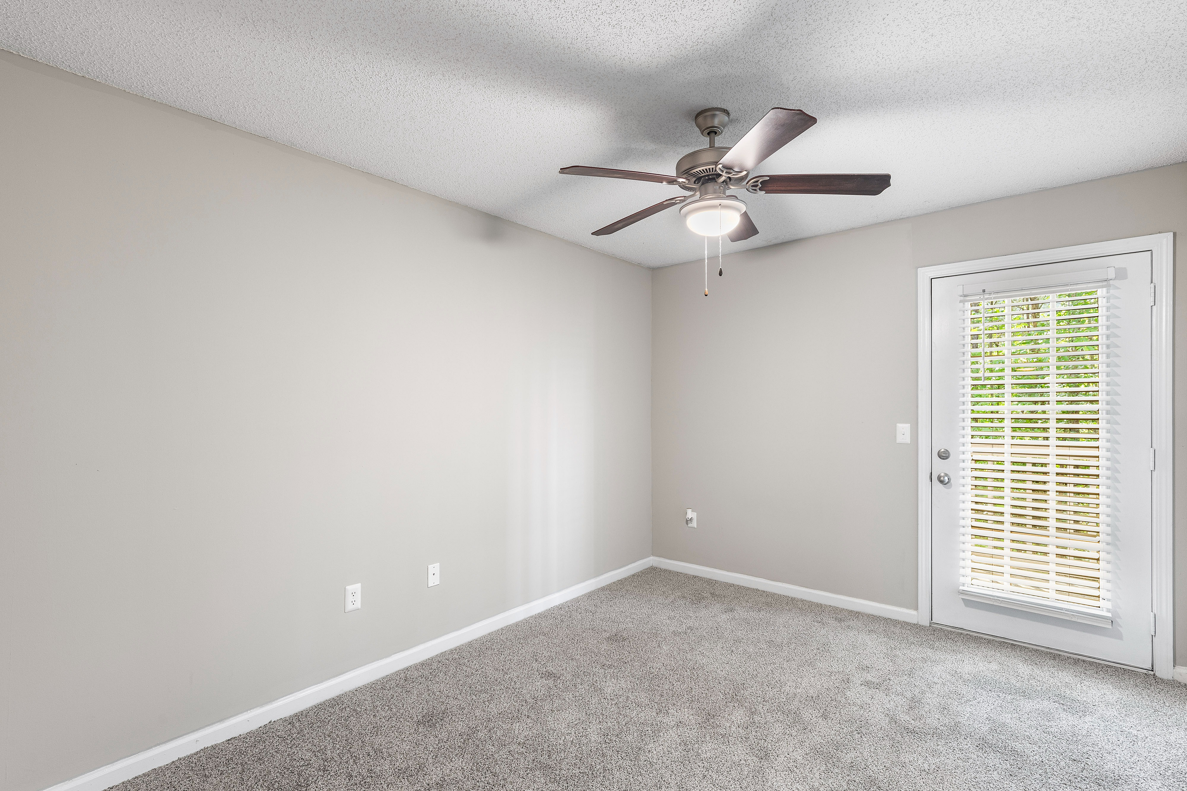 Bright room with plush carpeting, modern ceiling fan, and door leading to outdoor space, ideal for relaxation.