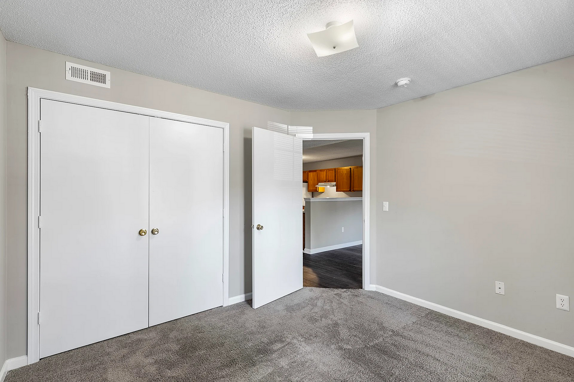 Inviting room with plush carpet leading to a bright kitchen with wooden cabinetry, showcasing modern and comfortable living space.