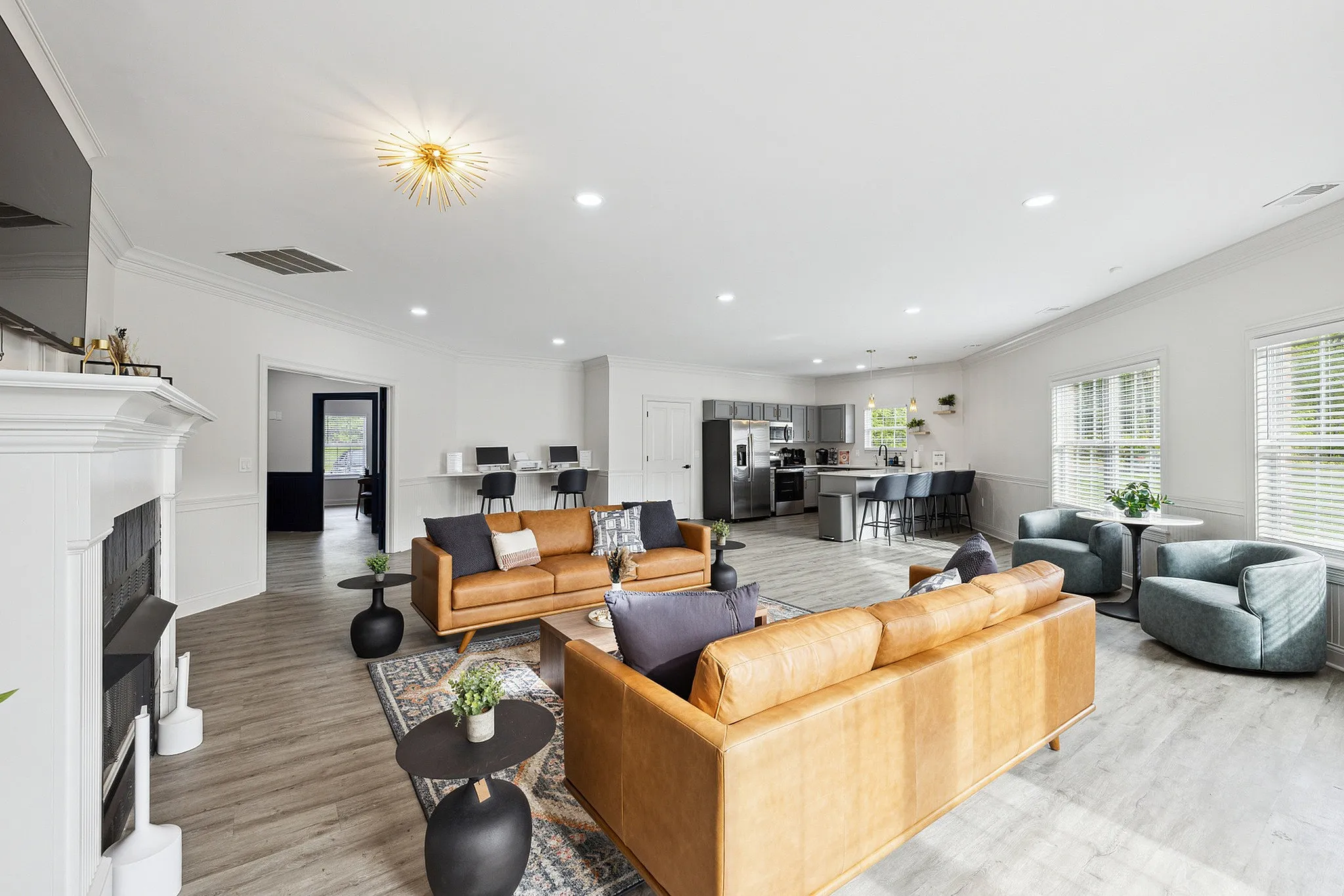 Bright and spacious living area with modern kitchen, featuring stylish leather sofas, elegant lighting, and large windows for natural light.