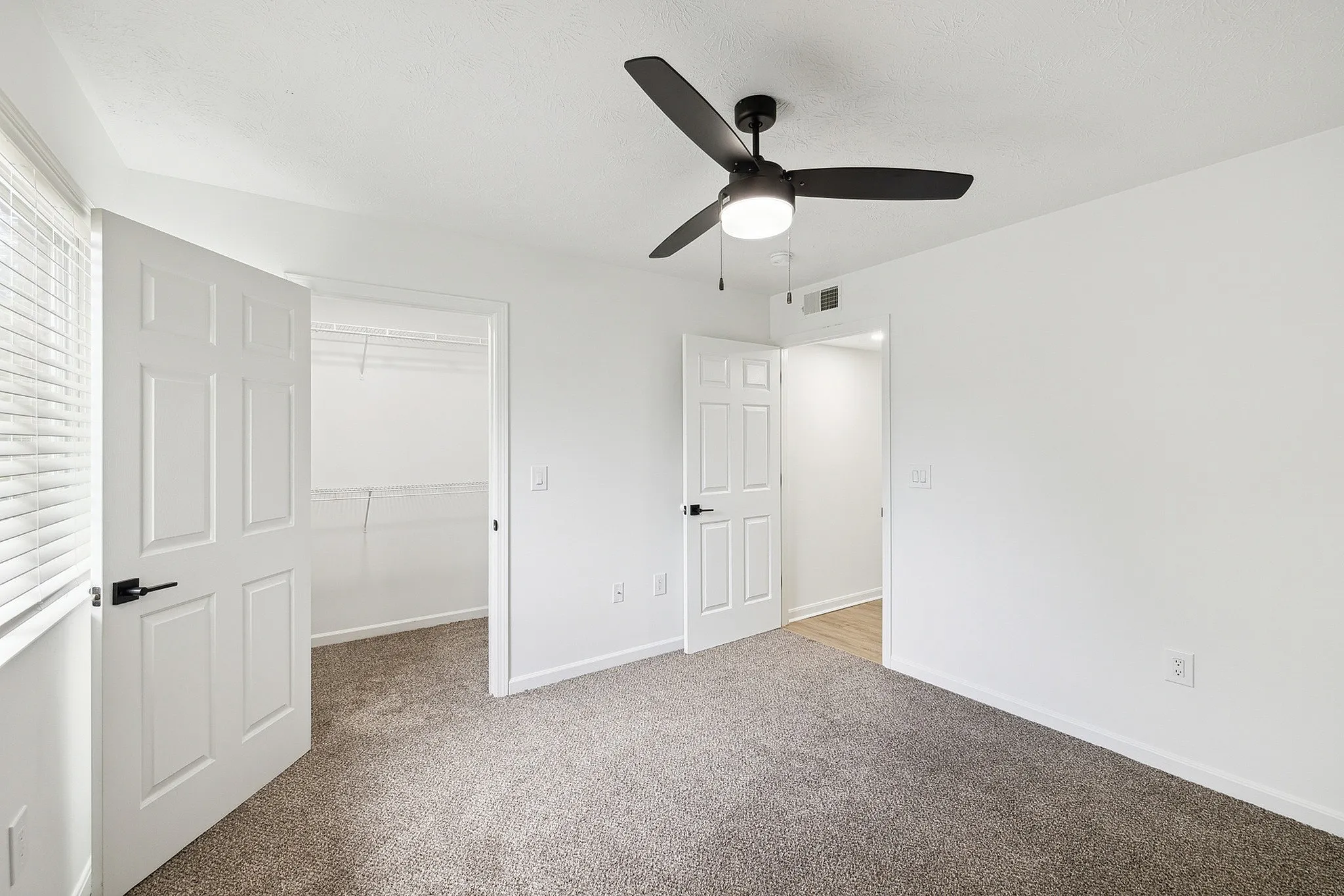 Bright and airy bedroom with plush carpet, modern ceiling fan, and expansive walk-in closet.