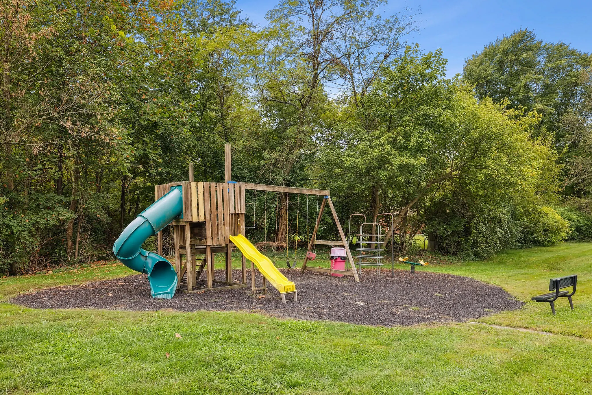Charming outdoor playground with vibrant slides and swings, nestled in a lush green park setting.