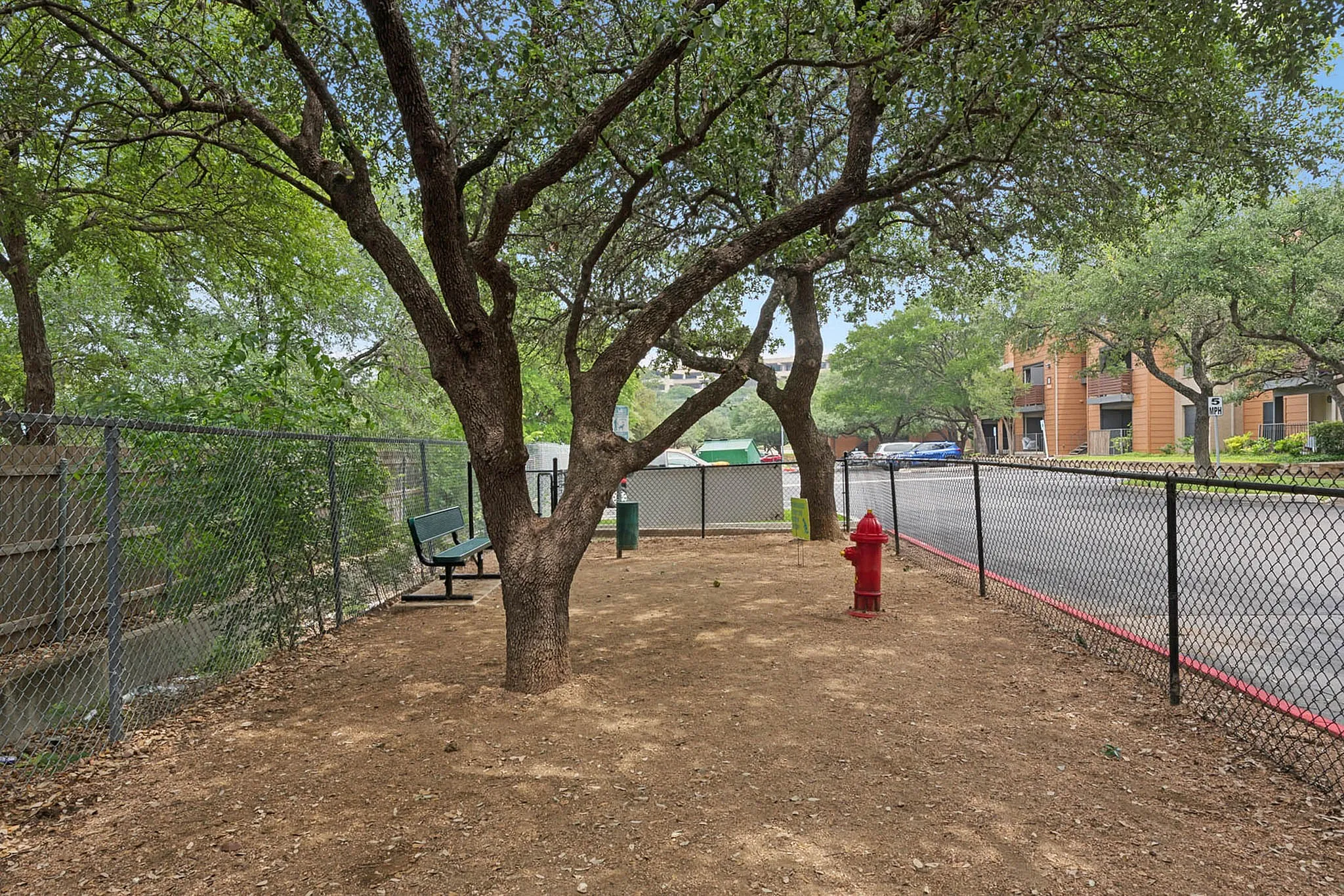Charming outdoor space featuring lush trees, a cozy bench, and a vibrant red fire hydrant, perfect for relaxation and fresh air.
