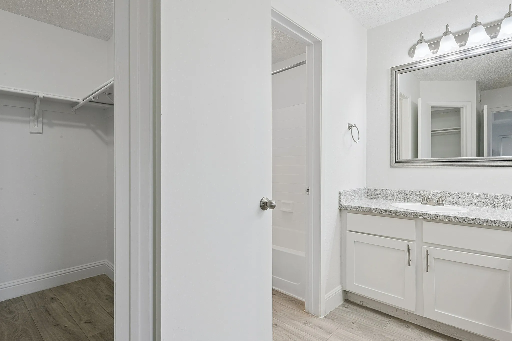 Modern bathroom with sleek granite countertops, dual sinks, and a walk-in closet for ample storage.