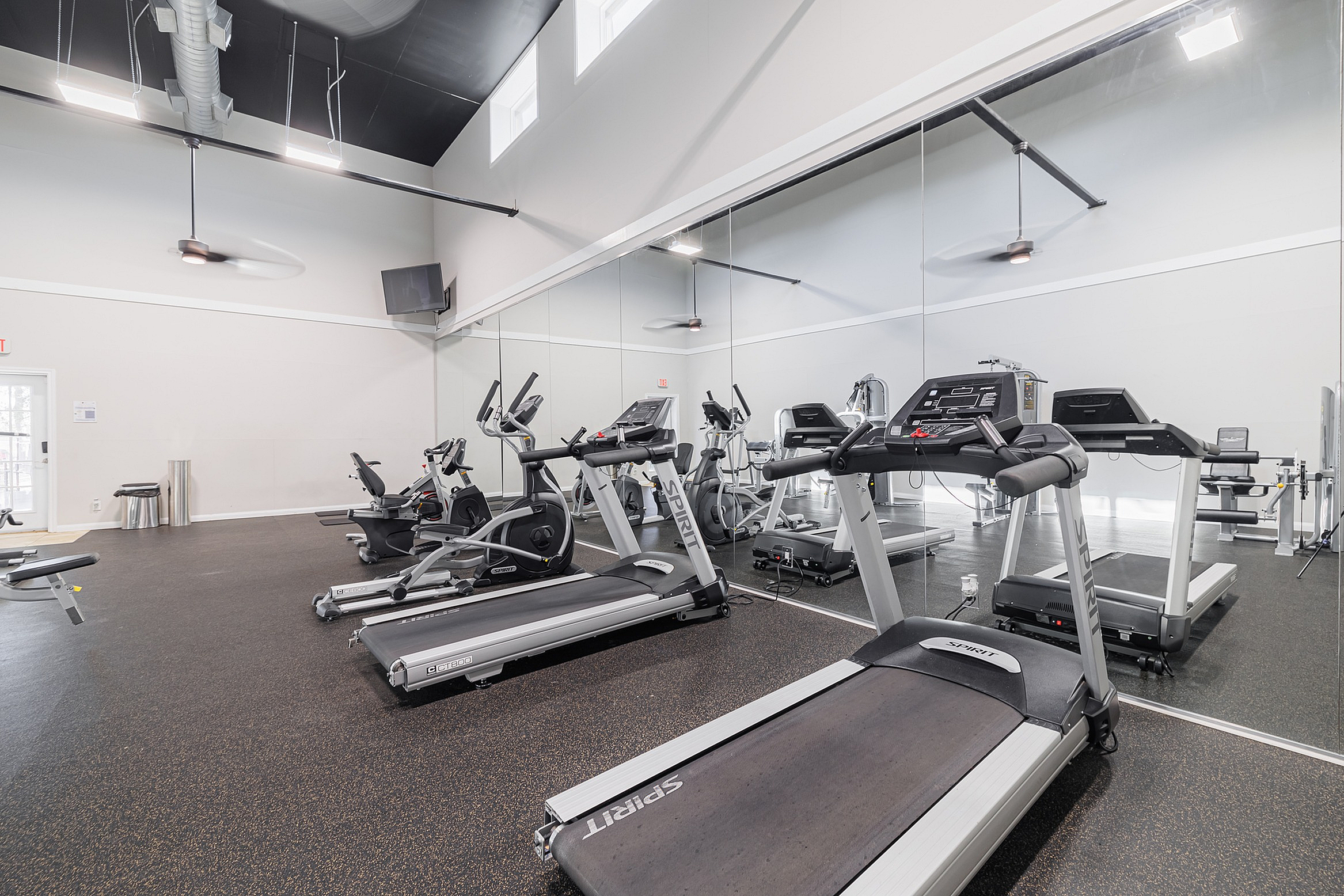 Modern fitness gym with state-of-the-art exercise equipment including treadmills and ellipticals, mirrored walls, and high ceilings for an invigorating workout experience.
