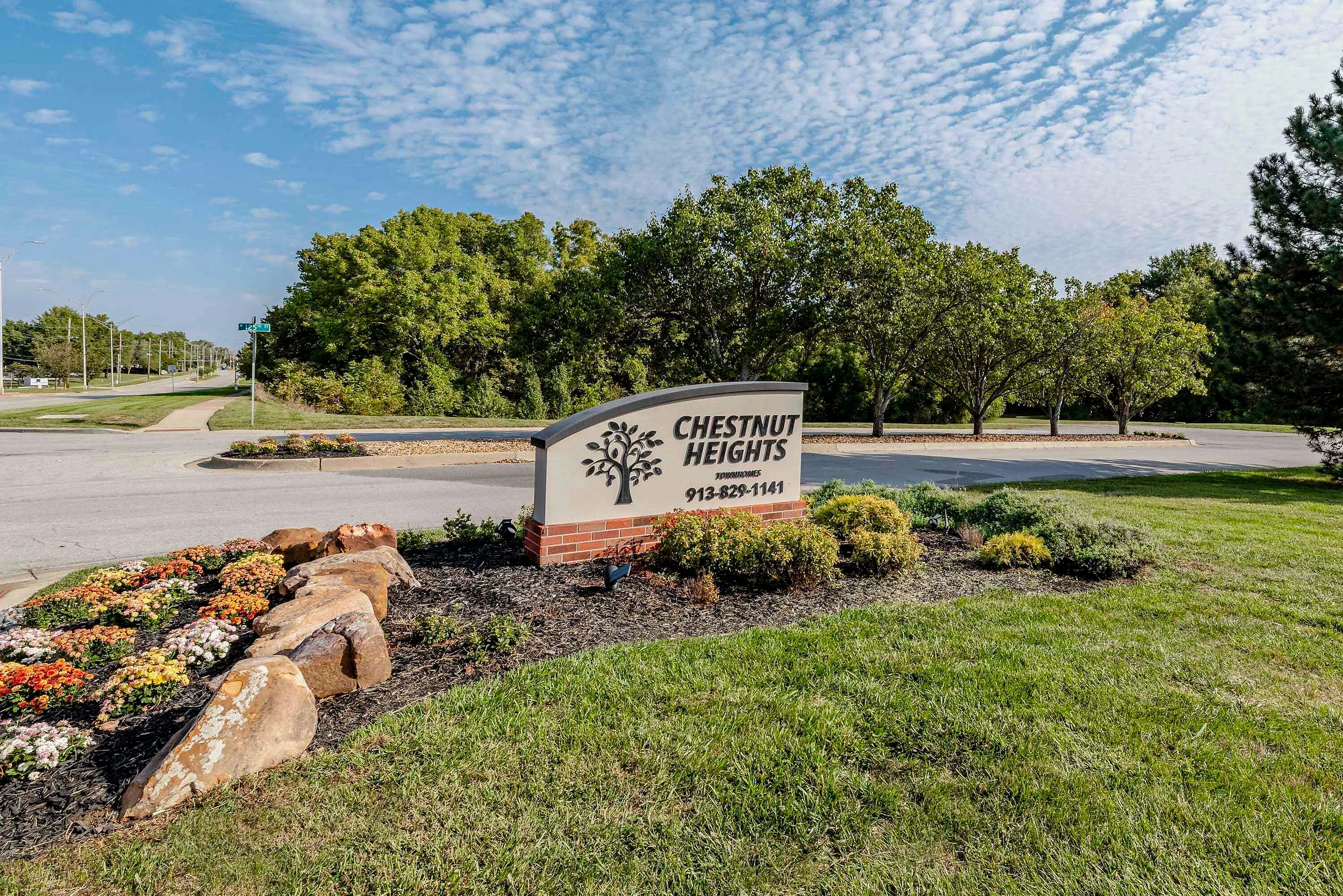 Welcoming entrance to Chestnut Heights with vibrant landscaping and clear skies, highlighting a serene suburban setting.