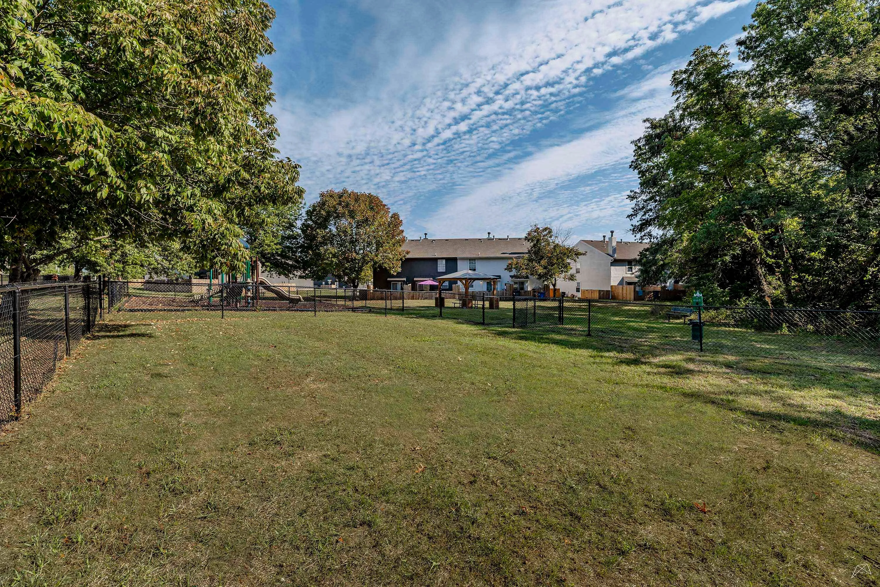 Spacious fenced yard with lush greenery and playground, perfect for family recreation and enjoying sunny days.
