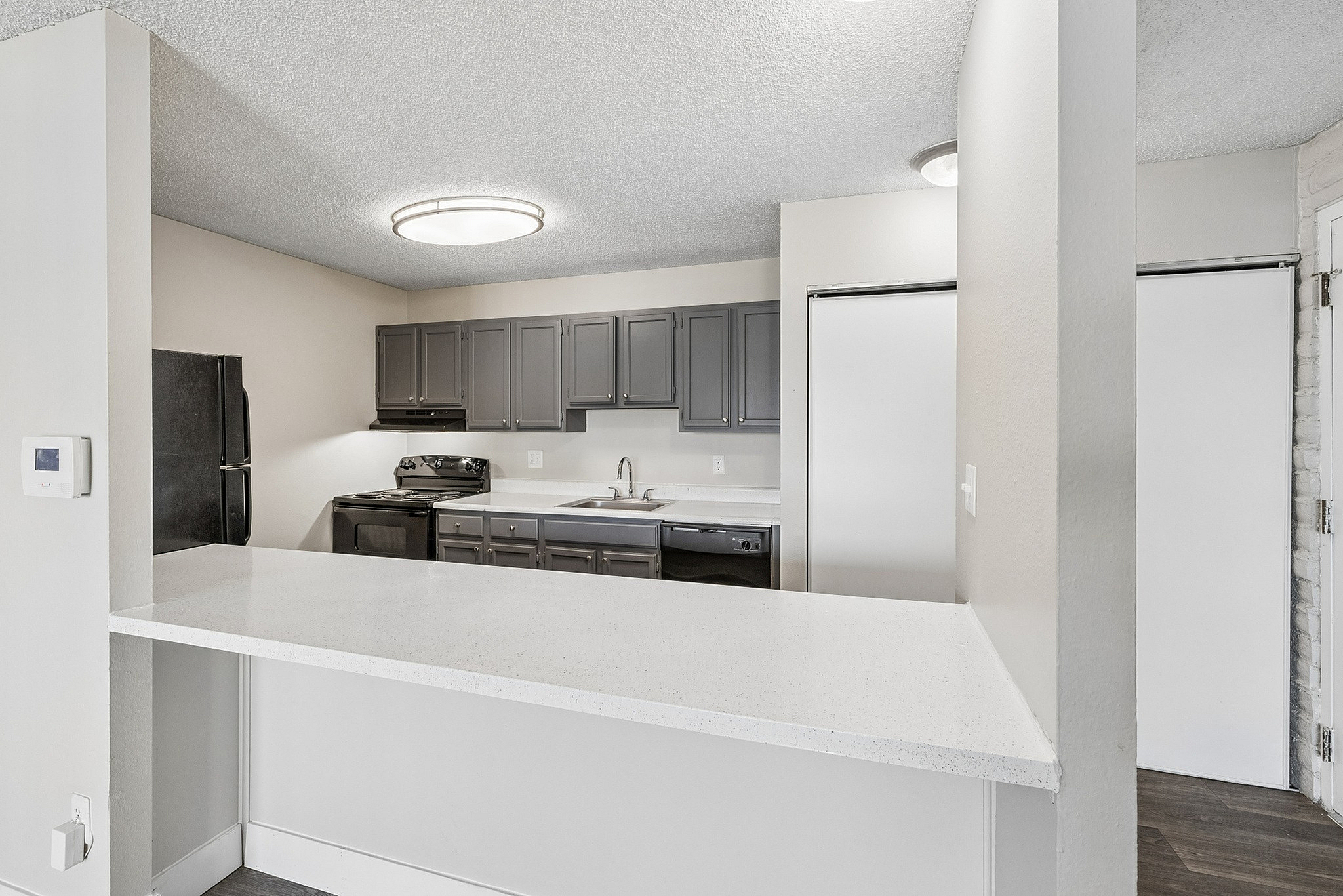 Modern kitchen with sleek dark cabinetry, pristine white countertops, and stainless steel appliances, perfect for culinary enthusiasts.