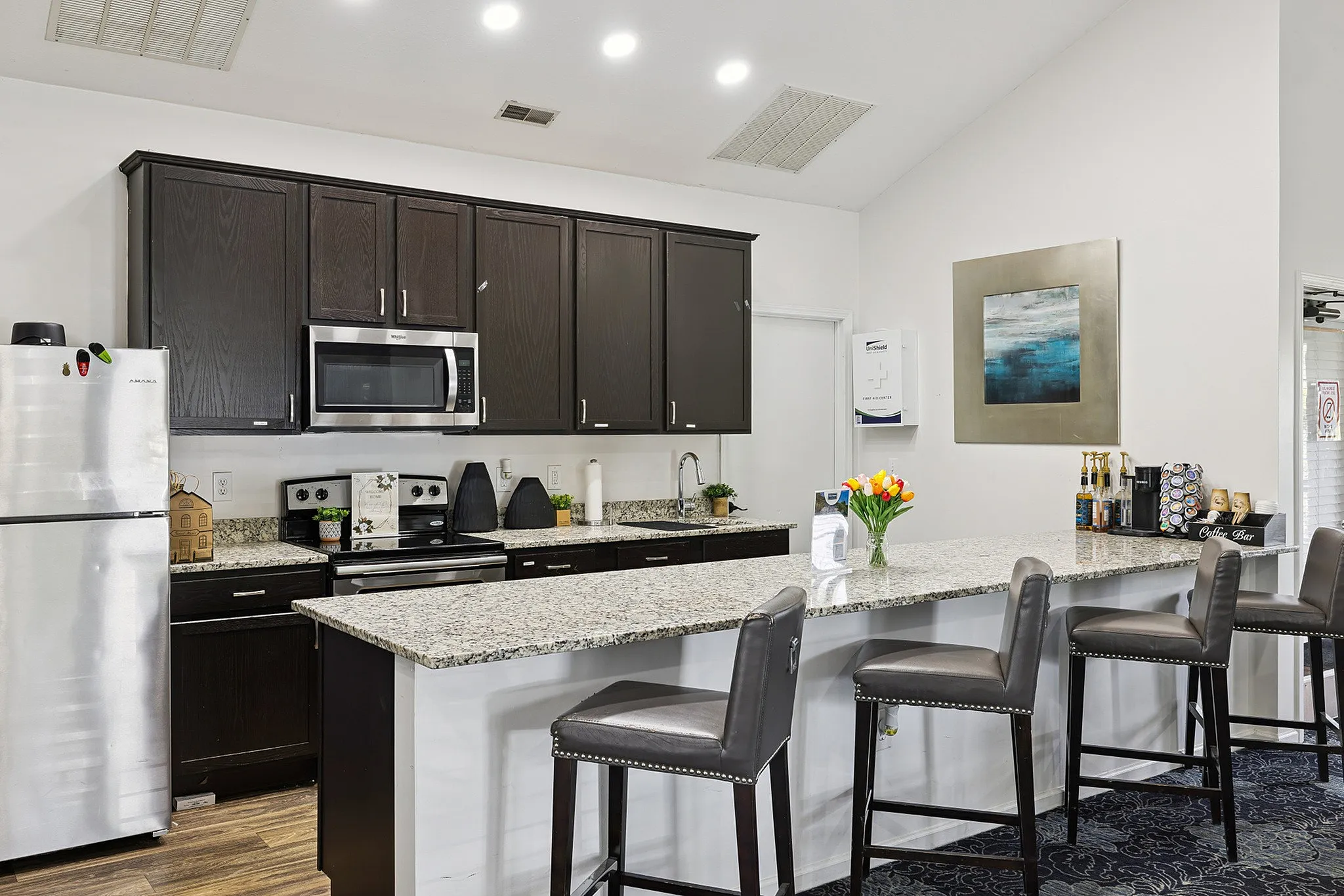 Modern kitchen with sleek dark cabinetry, stainless steel appliances, and a spacious granite island with stylish barstools.