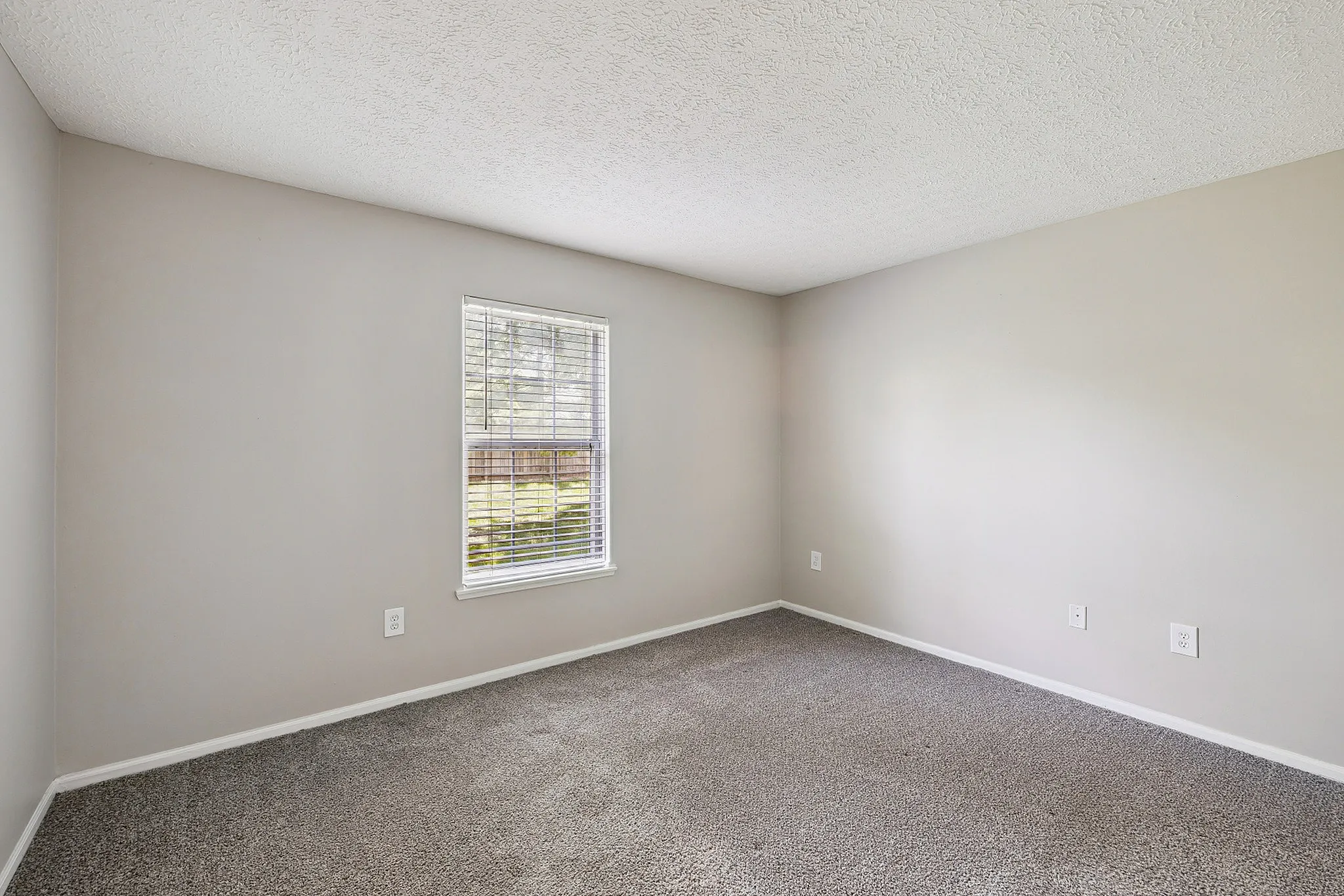 Bright, airy room with plush carpet and a sunlit window, ideal for a cozy bedroom or home office.