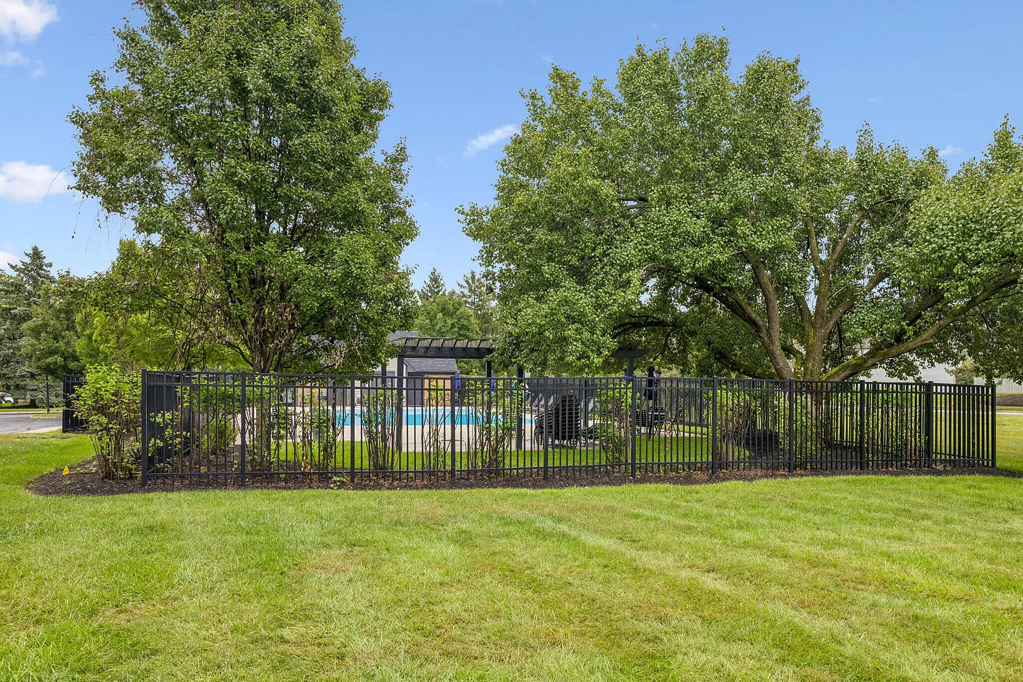 Serene outdoor space with lush green trees, fenced area, and a glimpse of a refreshing swimming pool under a clear blue sky.