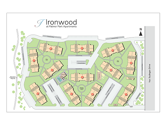 Ironwood at Palmer Park Apartments site map showcasing spacious layouts with convenient amenities like a dog park, clubhouse, and outdoor cooking area, offering a vibrant community atmosphere.