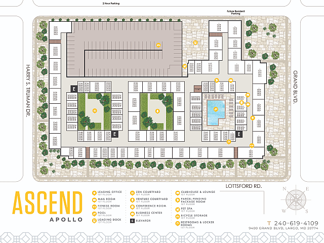 Ascend Apollo site plan highlighting abundant parking, lush landscaping, spacious zen courtyard, and vibrant community pool for modern urban living.