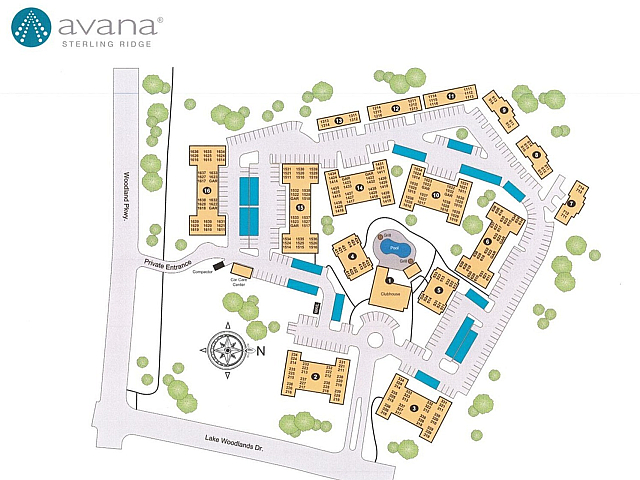 Avana Sterling Ridge site plan showcasing a beautifully laid-out community with multiple residential buildings, ample parking, lush greenery, and central amenities including a pool and clubhouse.