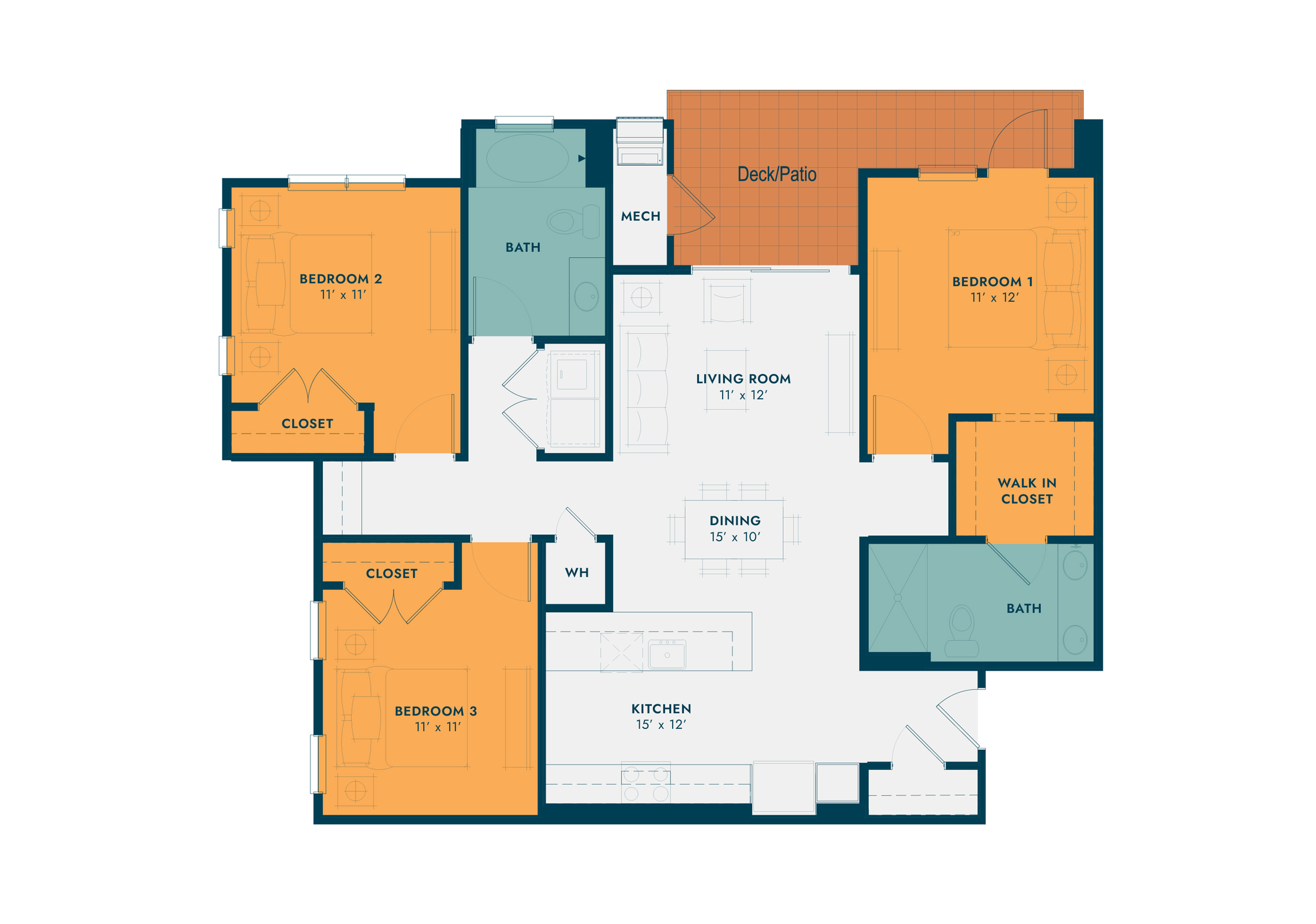 Sophisticated floor plan featuring three bedrooms, a spacious living room, a modern kitchen, and a private deck.