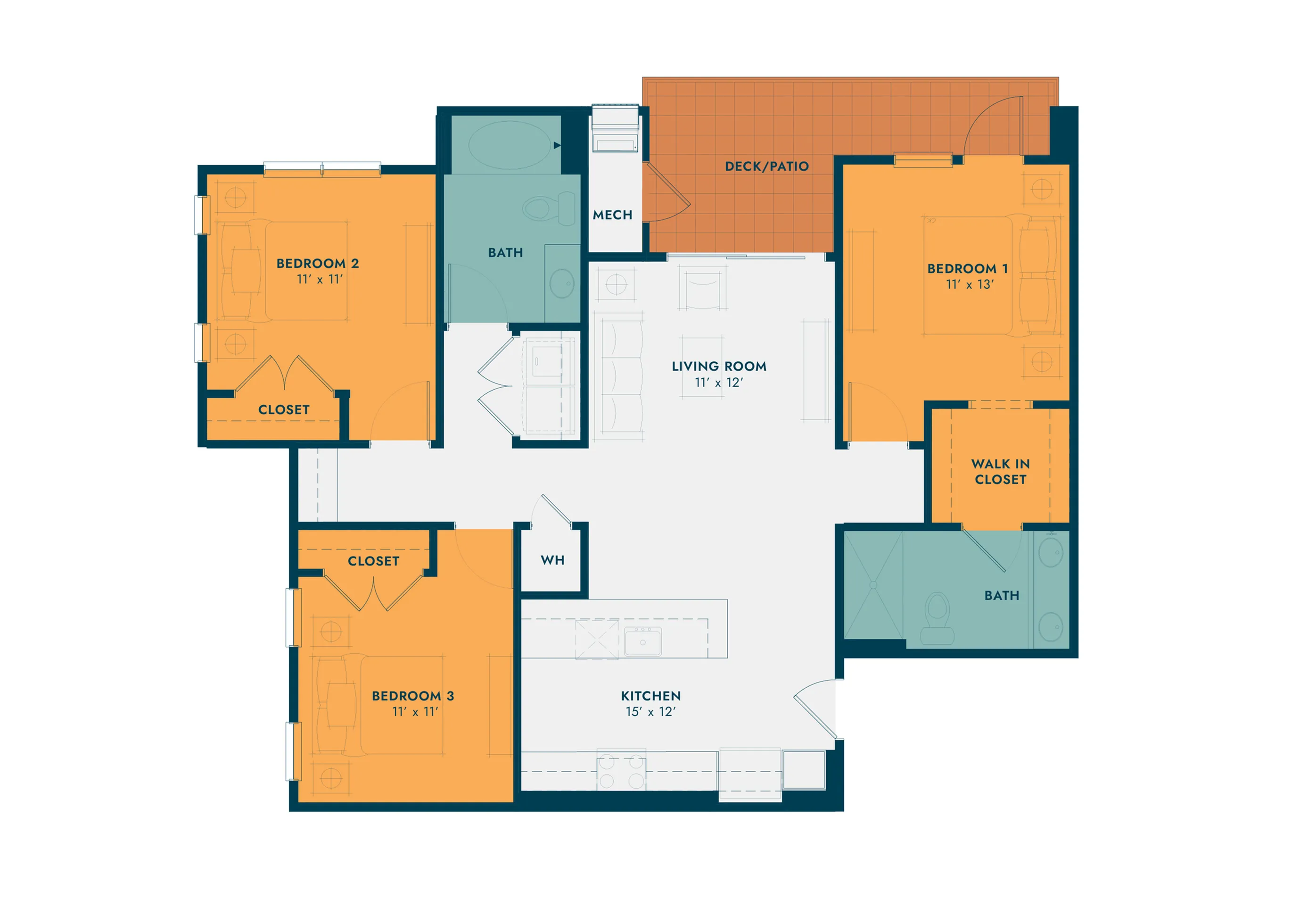 Contemporary floor plan featuring three bedrooms, two bathrooms, an expansive kitchen, and living room with adjacent deck.