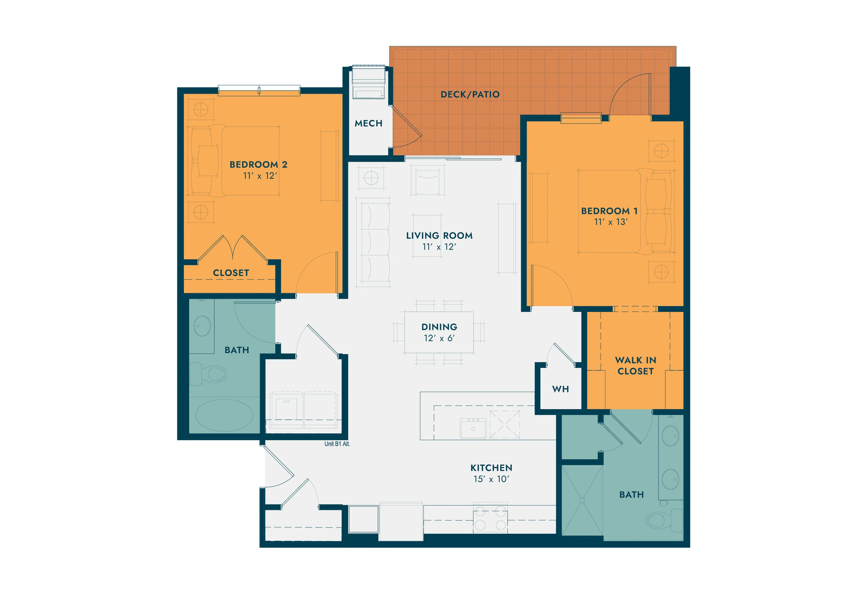 2-bedroom floor plan with a living room, dining area, large kitchen, and patio access.