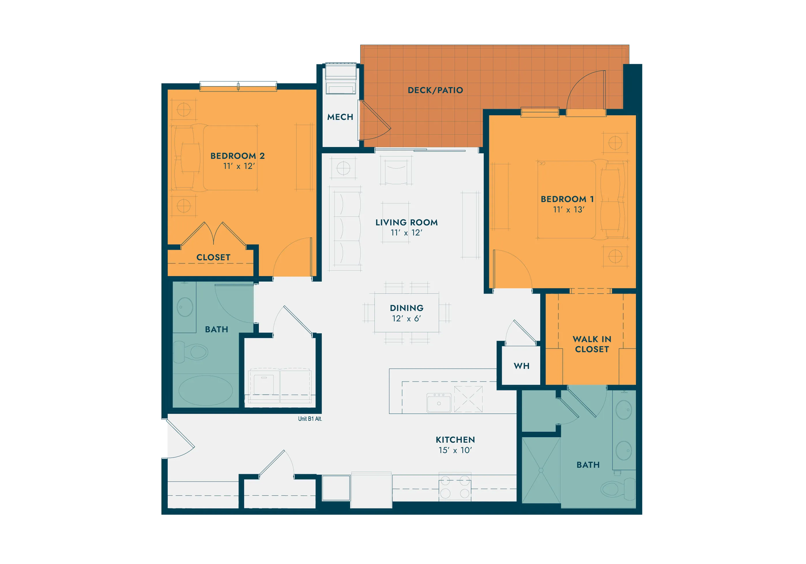Contemporary floor plan with 2 bedrooms, open living and dining area, and a modern kitchen.