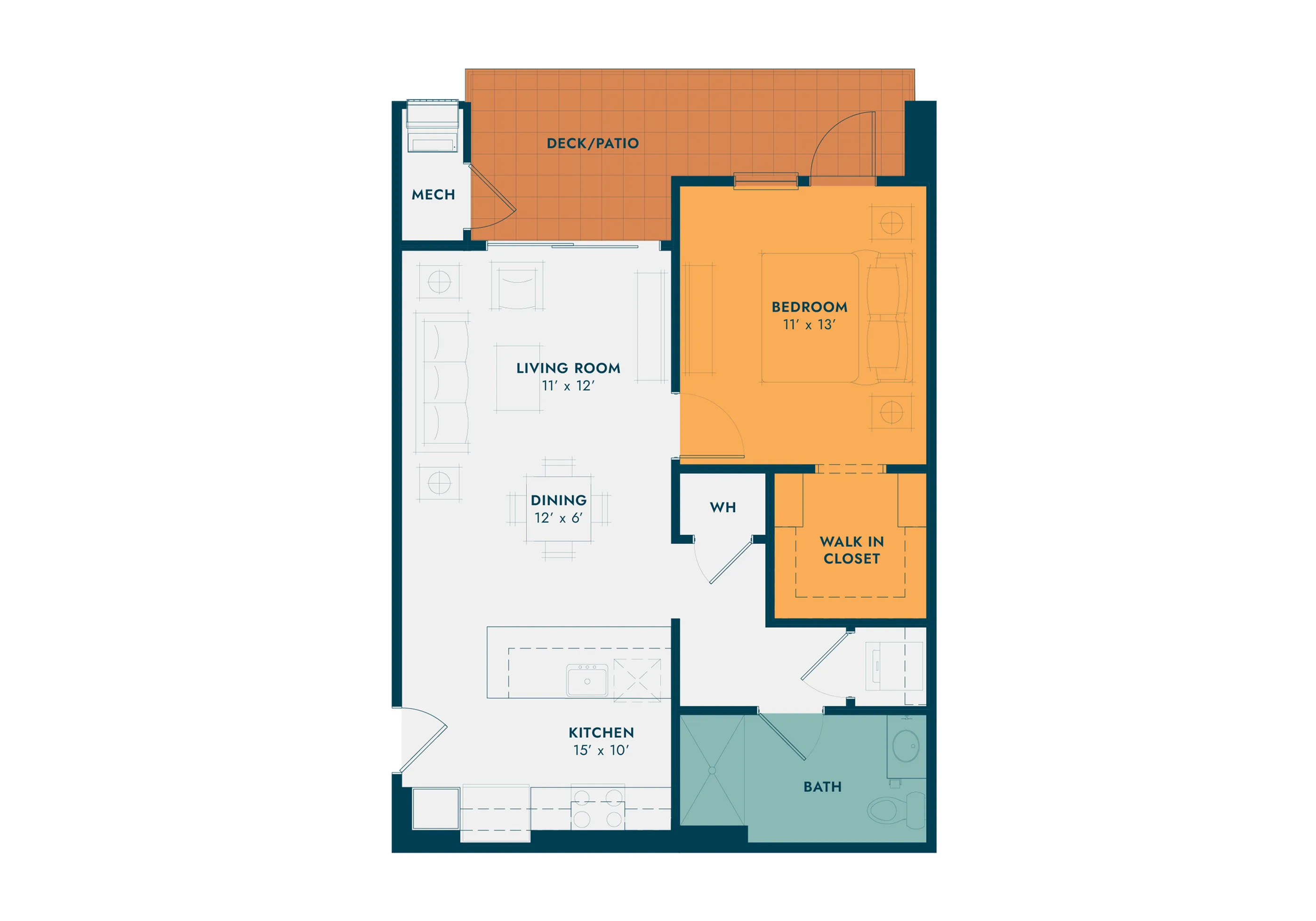 Contemporary floor plan featuring one bedroom, open living room, and a spacious kitchen with deck.