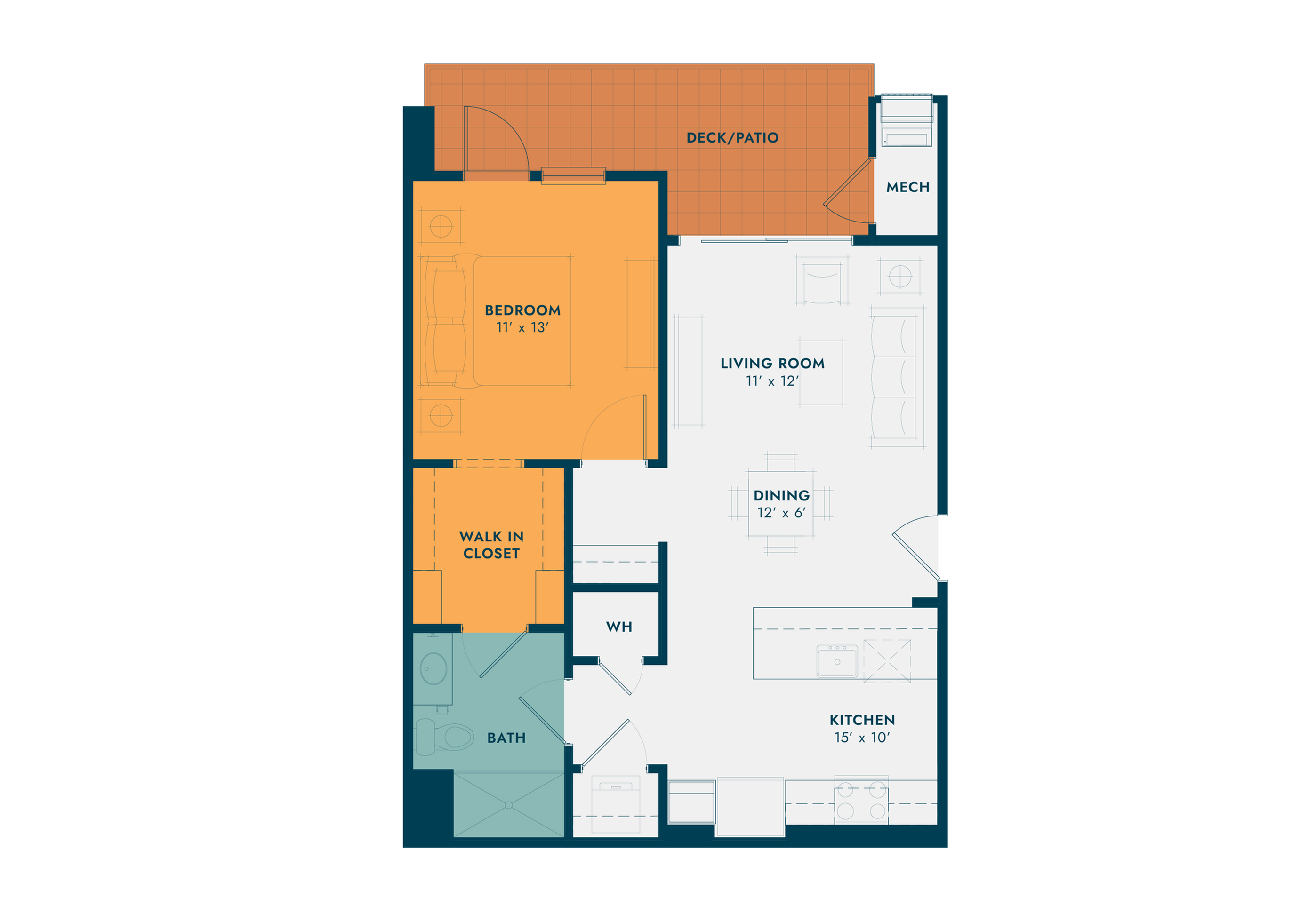 Detailed 2D floor plan featuring 1 bedroom, a walk-in closet, open kitchen, spacious living room, dining area, bath, and deck/patio.