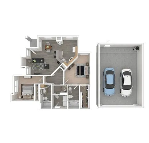 Realistic 2D floor plan showcasing a modern apartment with 1 bedroom, cozy living area, contemporary kitchen, and a double garage.