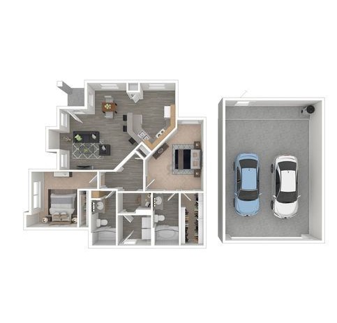 Modern floor plan with three bedrooms, stylish open living space, and a two-car garage.