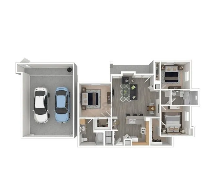 Modern 3D floor plan featuring 2 bedrooms, spacious living area, stylish kitchen, and dual car garage for convenient urban living.