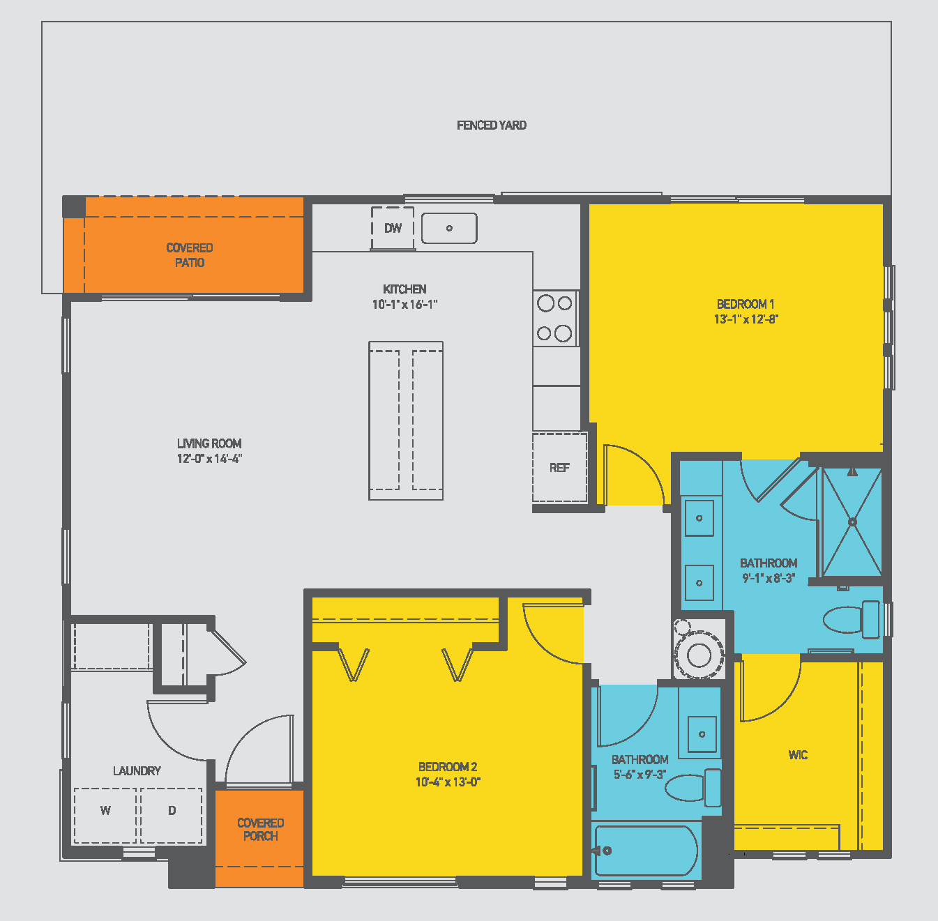 Bright 2D floor plan highlighting 2 bedrooms, spacious living room, modern kitchen, and two bathrooms, featuring a cozy covered patio and fenced yard.