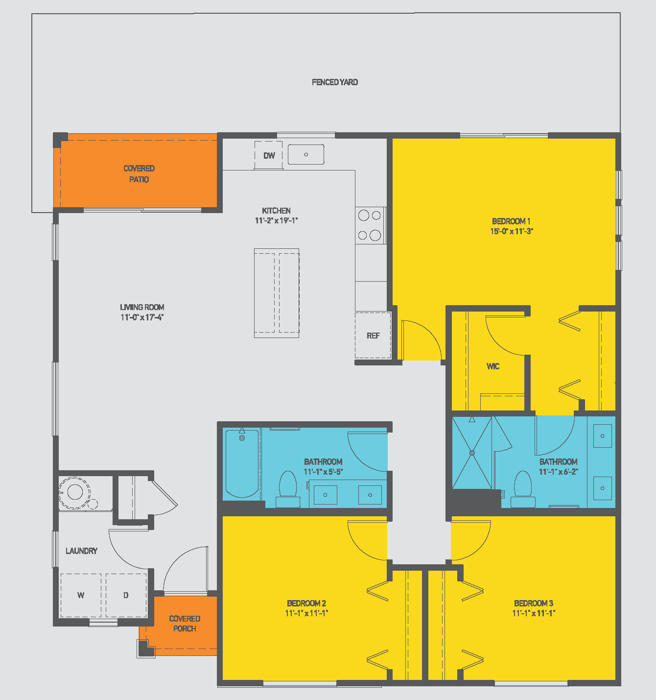 Modern floor plan highlighting 3 spacious bedrooms, an open-concept kitchen with island, and a cozy living room, featuring a covered patio and fenced yard.