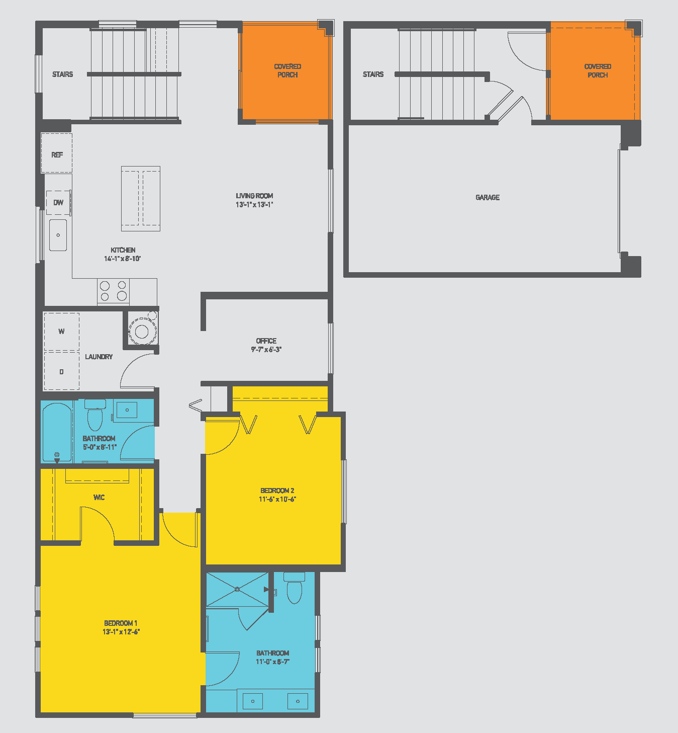 Chic floor plan with 2 bedrooms, open-concept kitchen and living room, cozy office space, and dual covered porches.