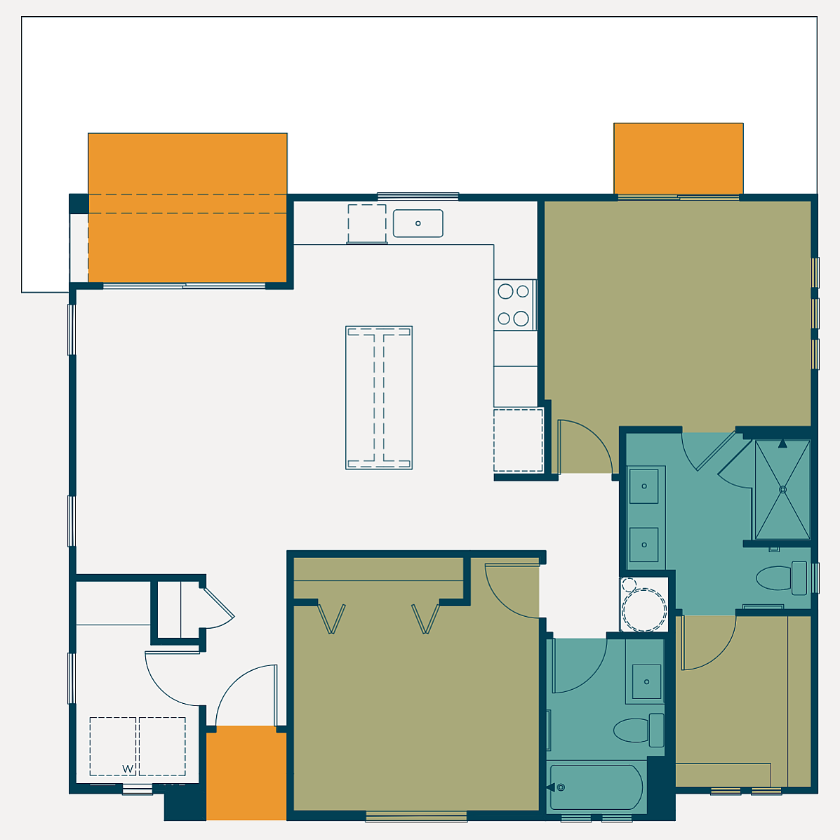 Modern apartment floor plan showcasing 2 spacious bedrooms, open kitchen with island, and sleek bathroom design.