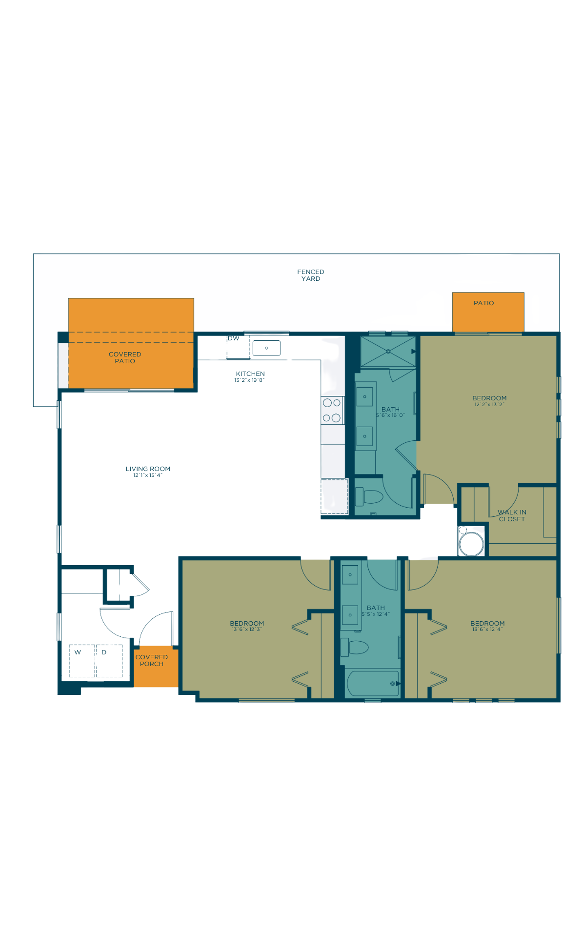 Inviting floor plan featuring 3 spacious bedrooms, modern kitchen, cozy living room, two baths, and a welcoming covered patio with fenced yard.