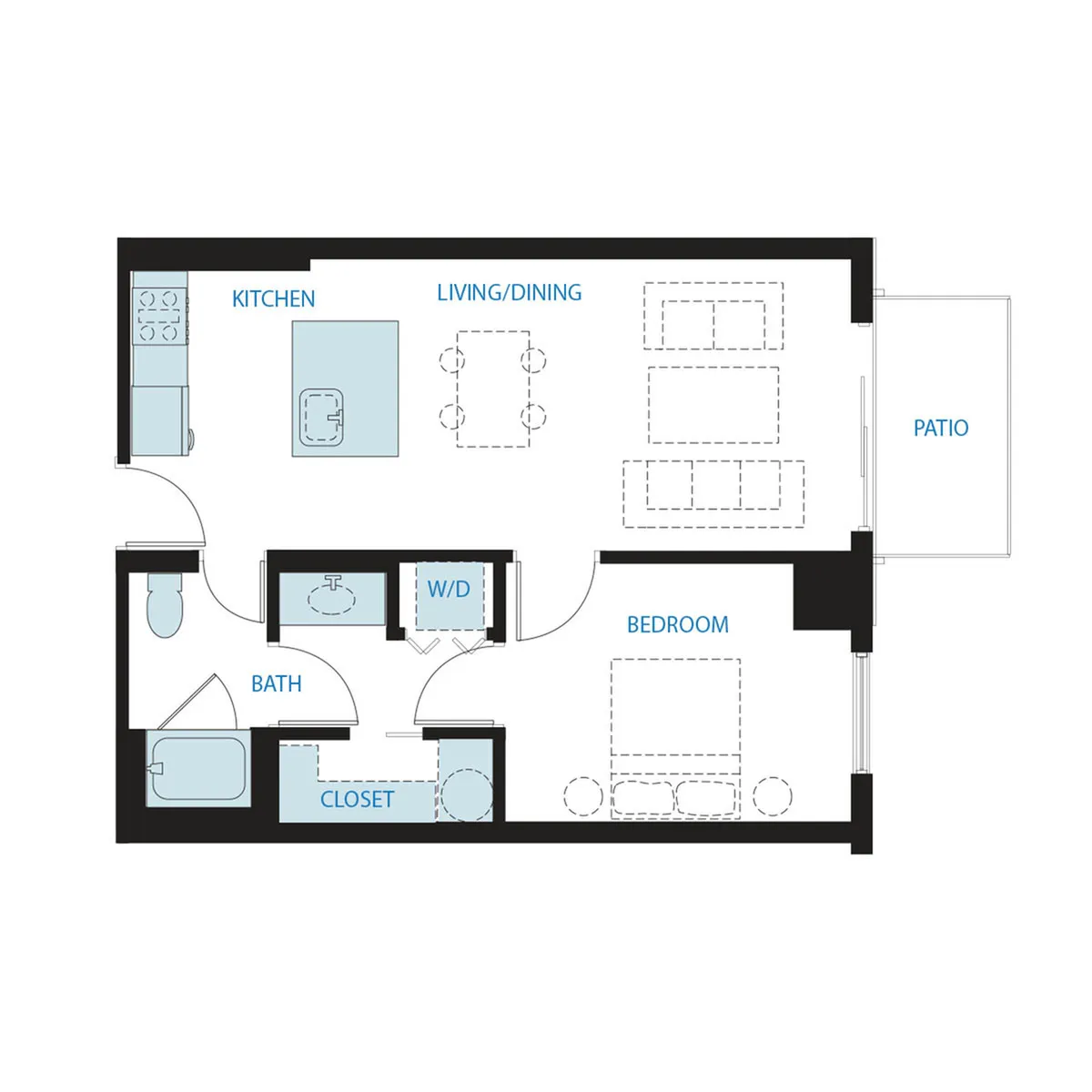 Modern apartment floor plan with a cozy bedroom, open kitchen and living/dining area, stylish bathroom, and private patio.
