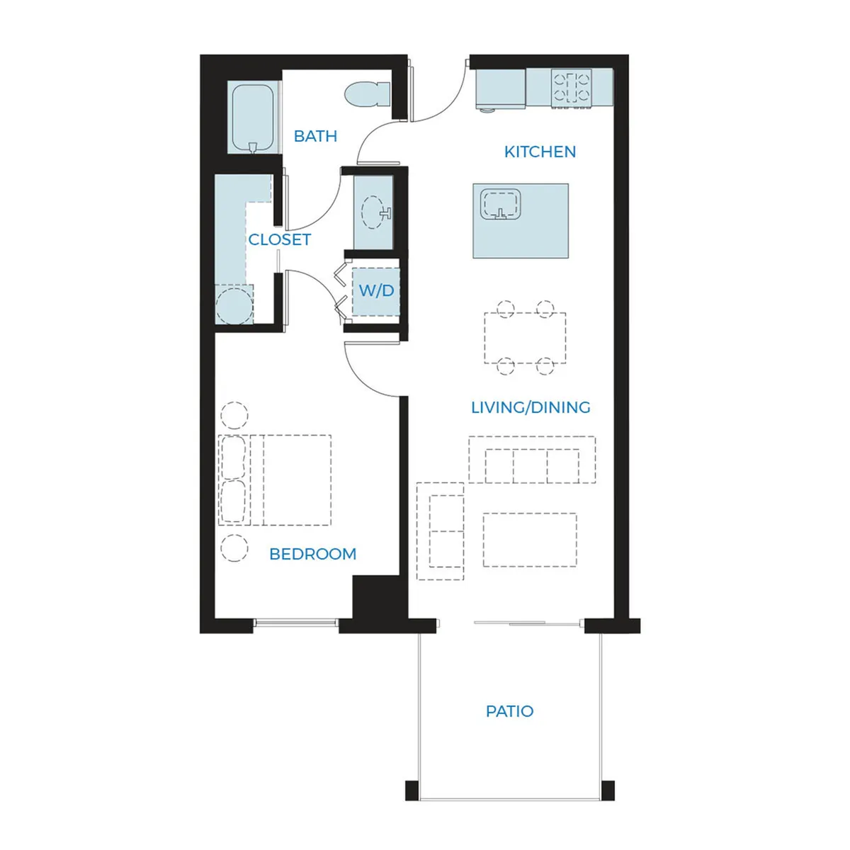 Modern floor plan showcasing 1 bedroom apartment with a spacious living/dining area, sleek kitchen, and inviting patio.