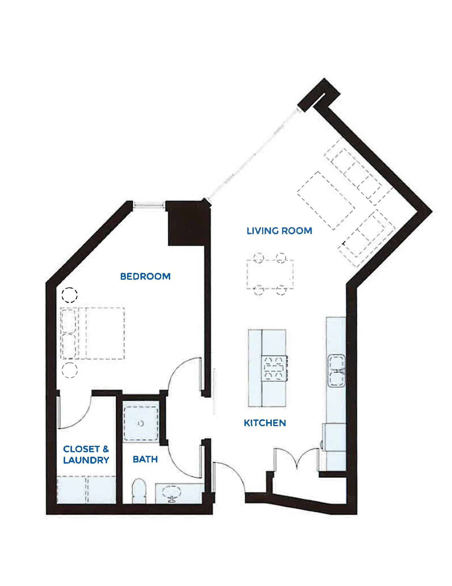 Inviting 1-bedroom floor plan featuring an open-concept living room and kitchen, modern bath, and spacious closet. Enjoy stunning nature and water views at Waterside at RiverPark Place, 777 sq ft.