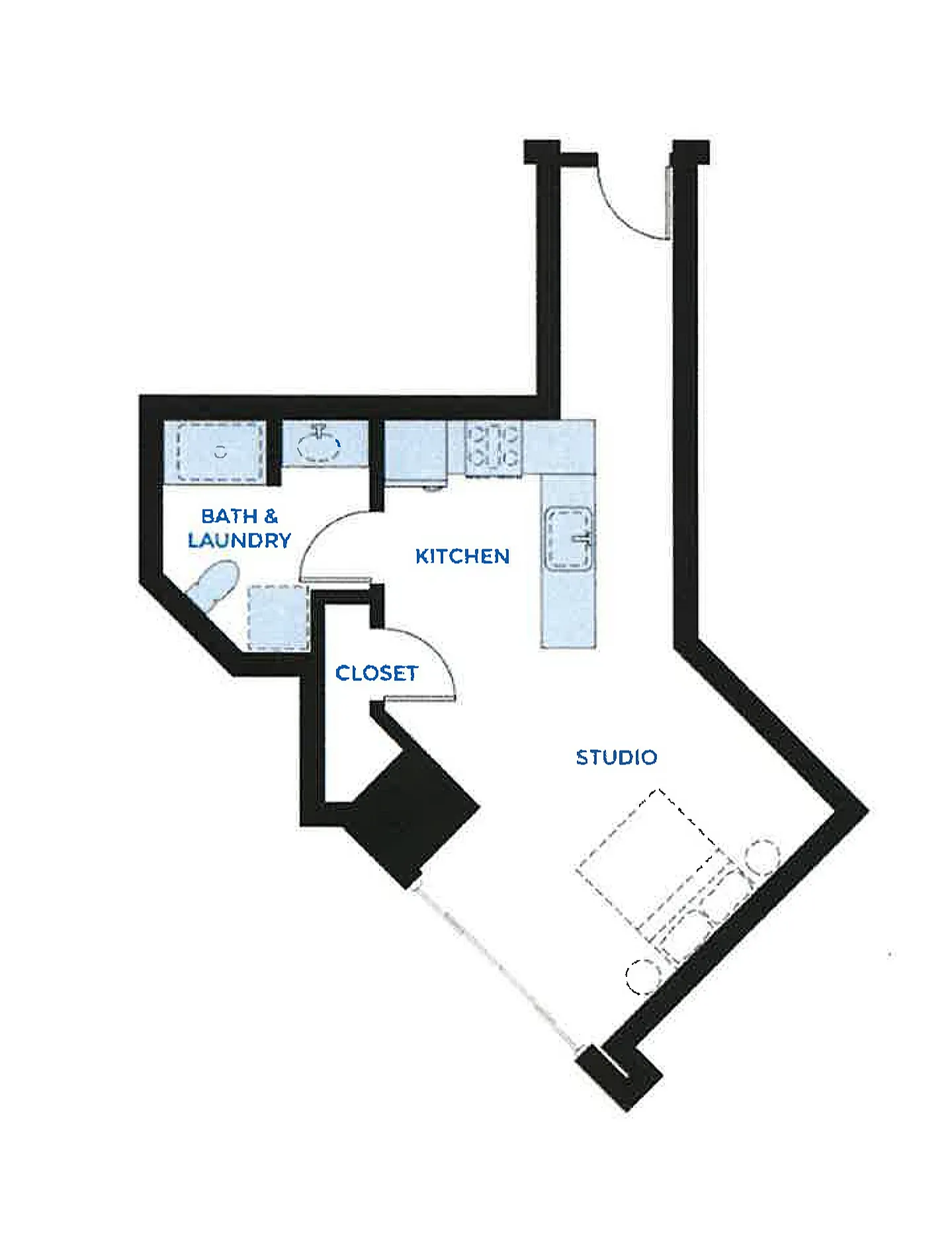 Modern studio floor plan, The Edith at Waterside Riverpark Place, featuring open living space, kitchen, bath with laundry, and closet within 437 sq ft.