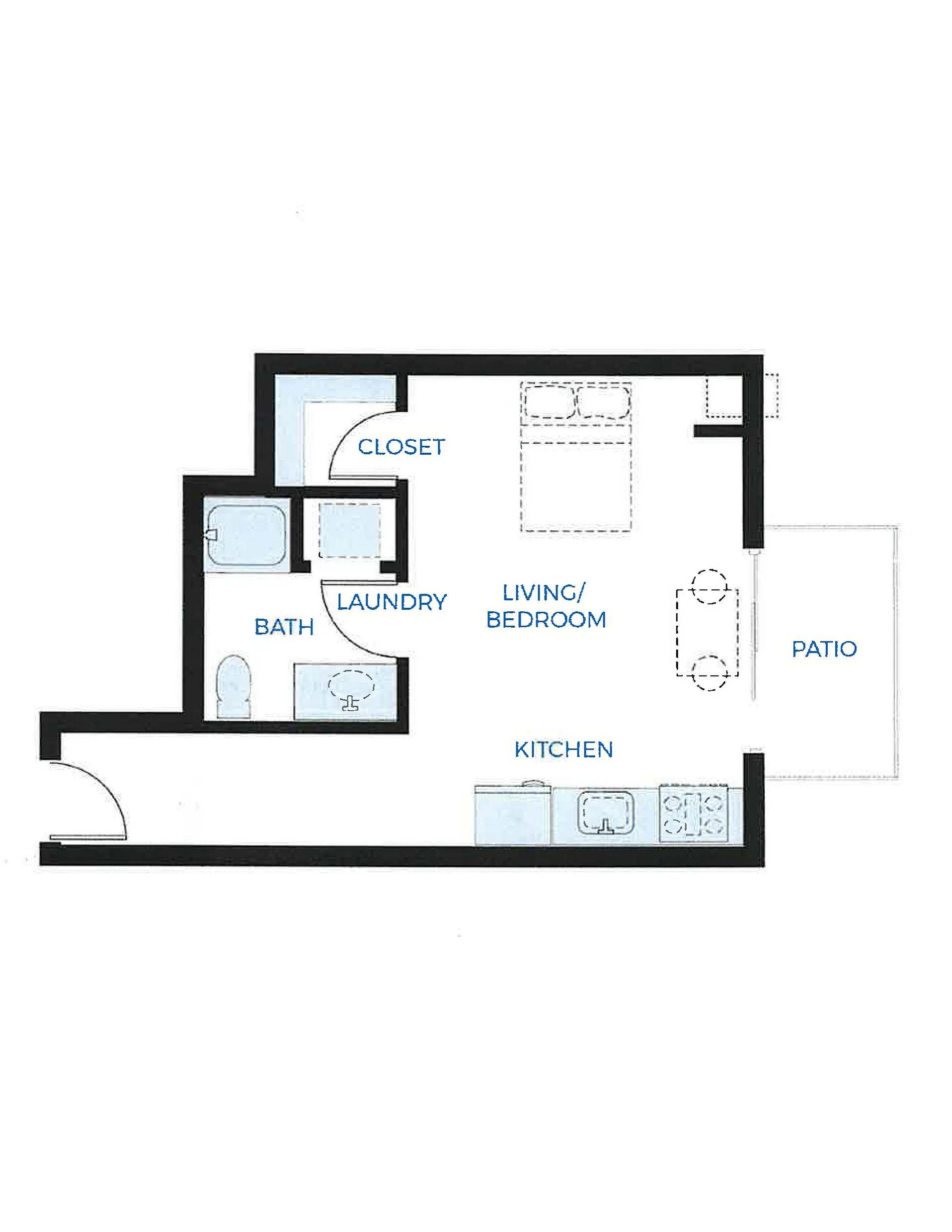 Chic studio floor plan of The Bungalow Deluxe at Waterside, featuring an open living and bedroom space, modern kitchen, and private patio in 400 sq. ft.