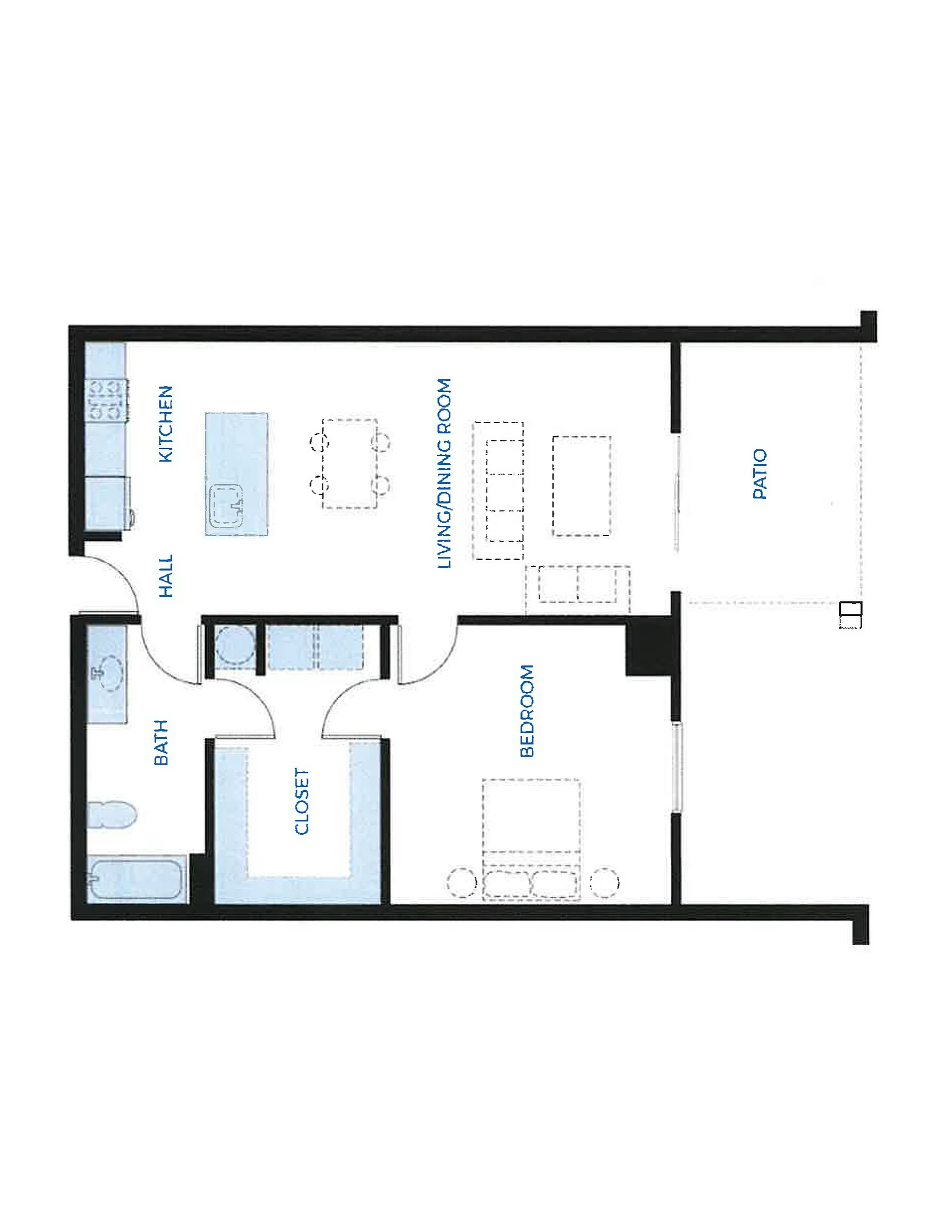 The Audubon floor plan at Waterside Riverpark Place featuring 1 bedroom, modern open living area, and spacious kitchen with granite countertops, offering nature and city views in 820 sq ft.