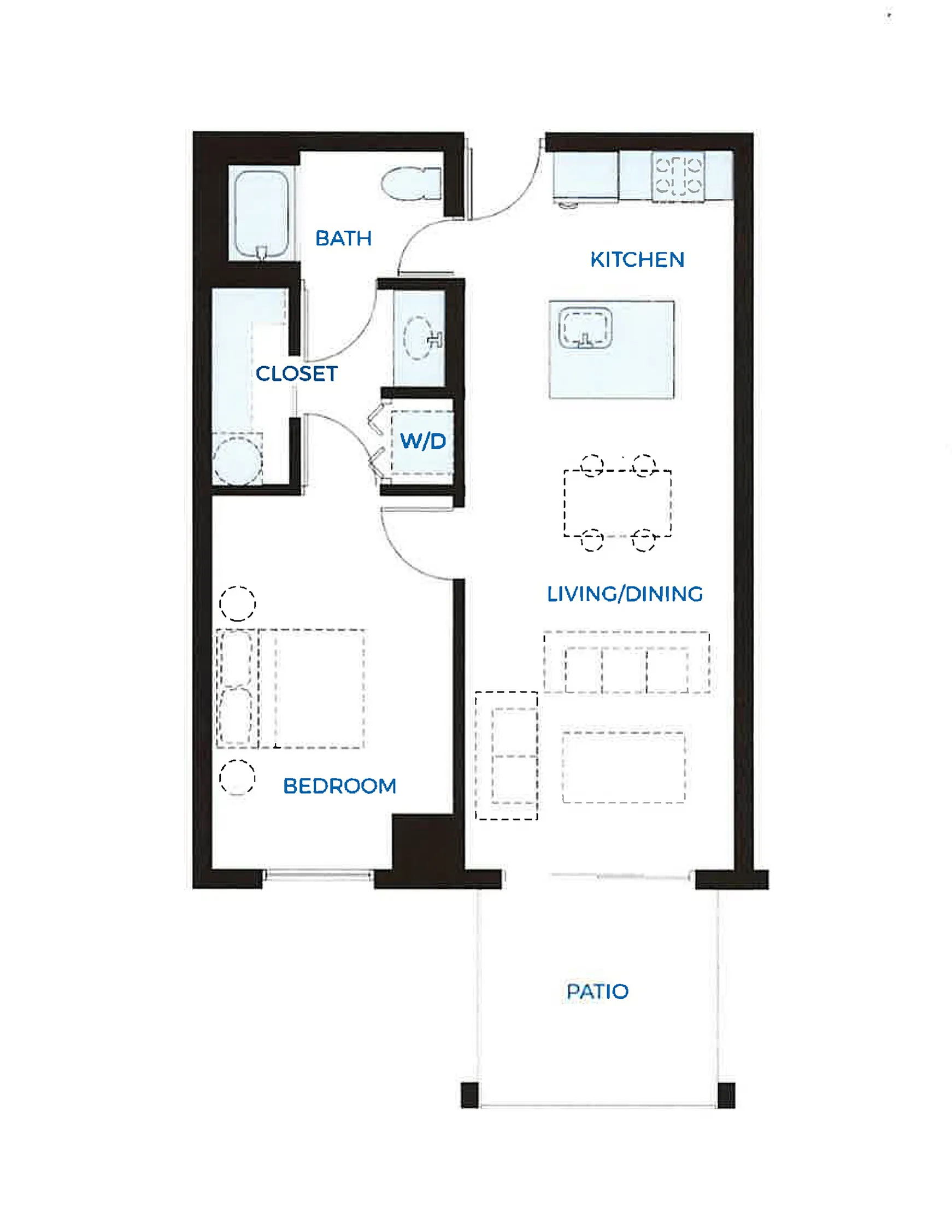 Charming 1-bedroom floor plan with open living/dining area, modern kitchen, private patio, and spacious walk-in closet in Waterside at Riverpark Place.