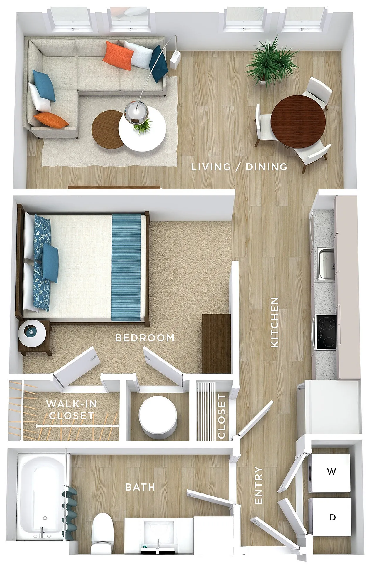 Modern 1-bedroom floor plan featuring open living and dining area, sleek kitchen, spacious bathroom, and convenient walk-in closet.