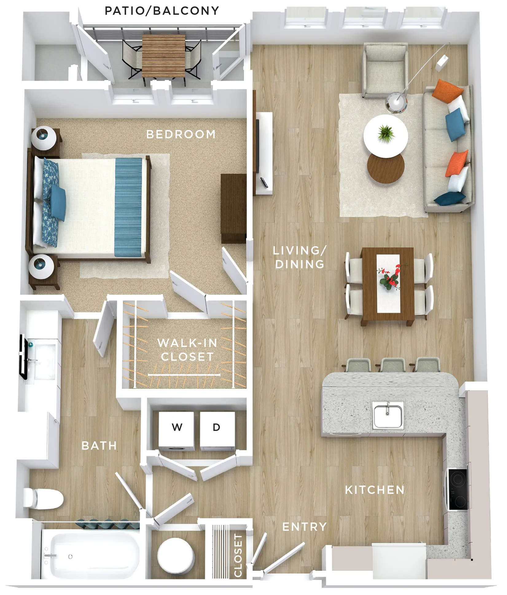 Chic floor plan showcasing a cozy bedroom, modern kitchen with bar seating, open living and dining space, luxury bath, and inviting patio balcony.