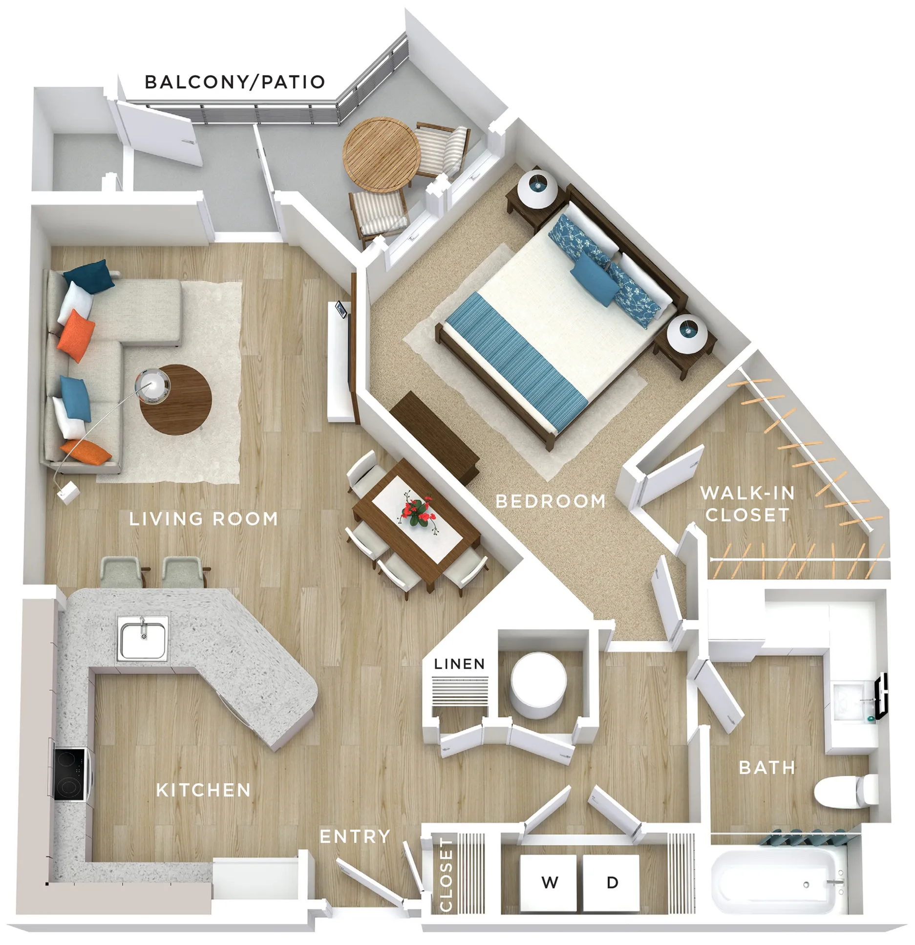 Elegant floor plan showcasing a bedroom with walk-in closet, spacious living room, stylish kitchen with island, and a cozy balcony/patio.