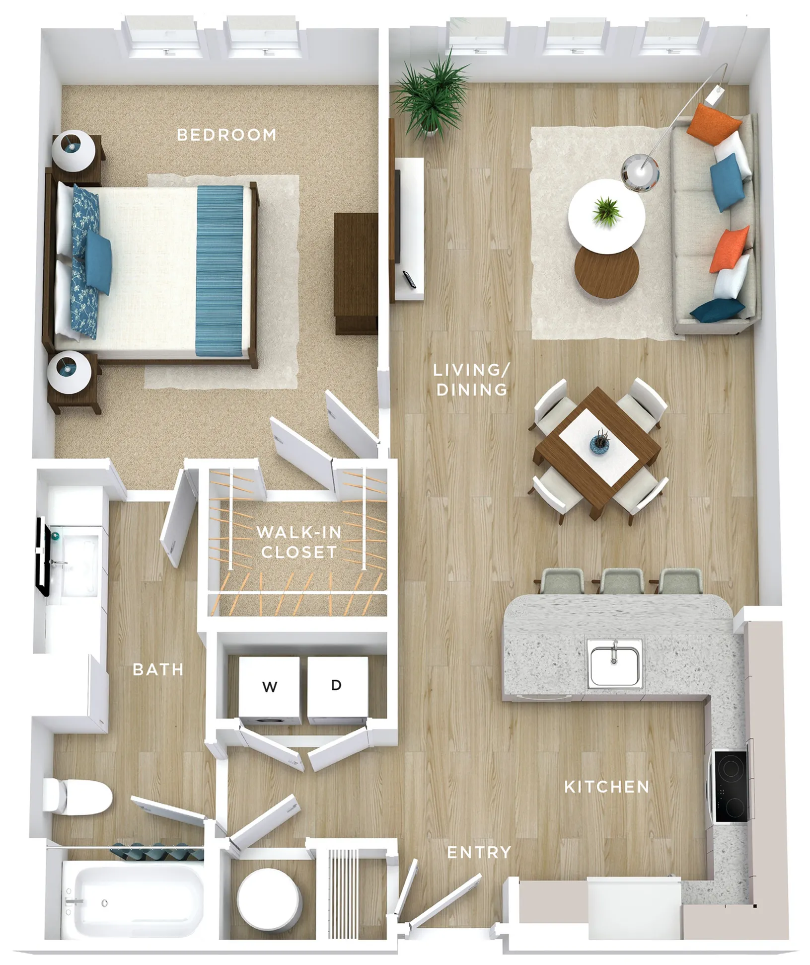 Modern apartment floor plan showcasing a spacious bedroom with a walk-in closet, elegant open-concept living and dining area, sleek kitchen, and stylish bath design.