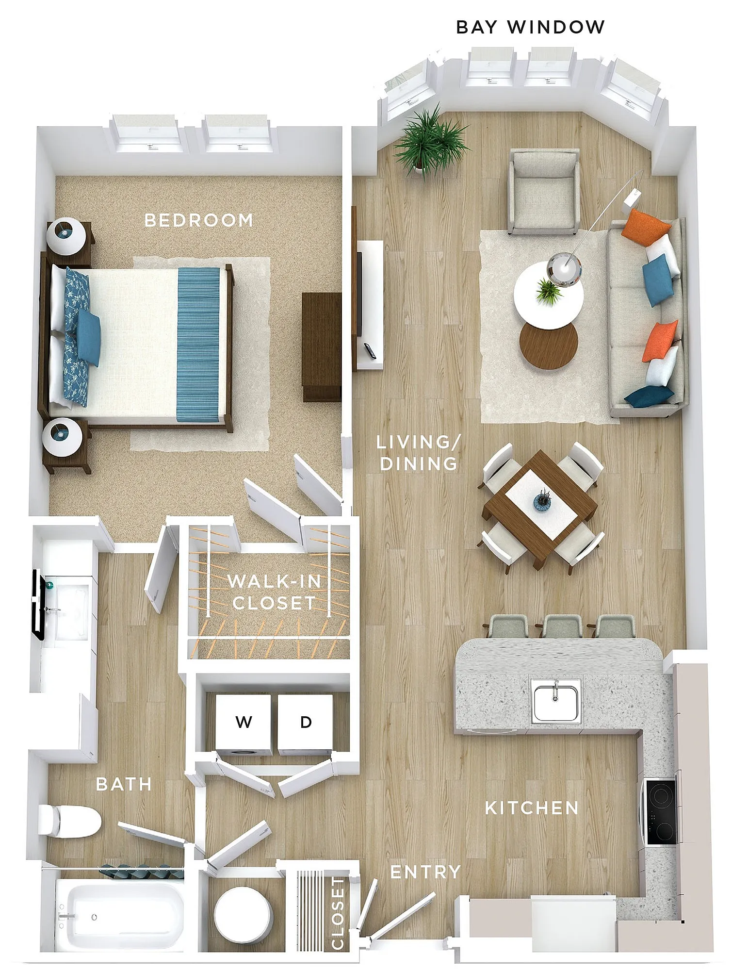 Elegant apartment floor plan showcasing one spacious bedroom, bay window in living/dining area, open kitchen with breakfast bar, bath, and generous walk-in closet.