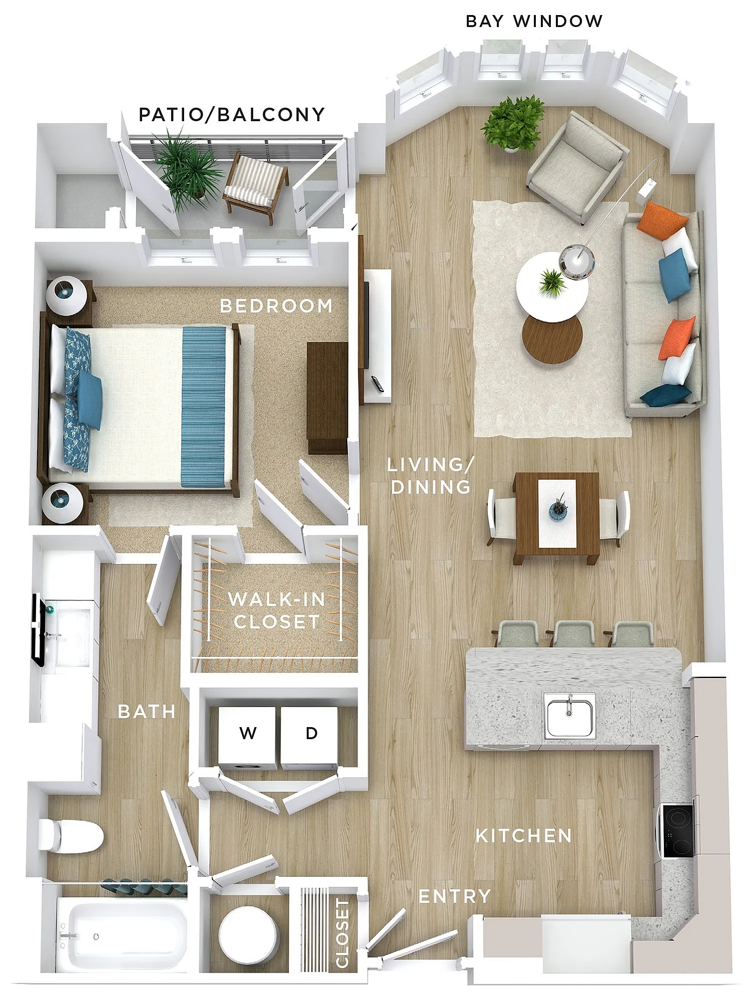 Chic 3D floor plan featuring a spacious bedroom, modern kitchen with breakfast bar, cozy living/dining area with bay window, elegant walk-in closet, and inviting patio/balcony.